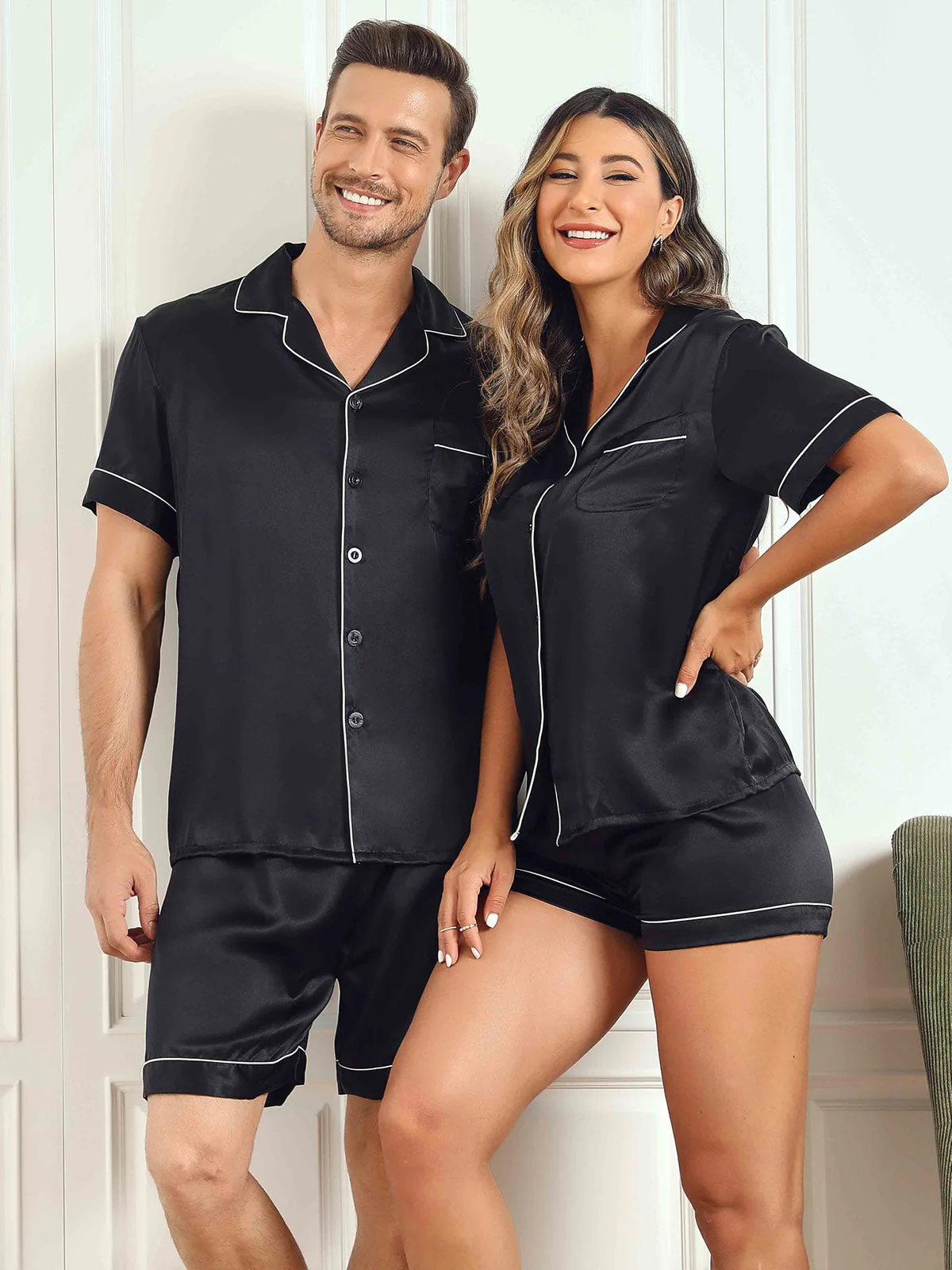 Couple Pure Silk Short Pyjama Sets Total 4Pcs - Image 61