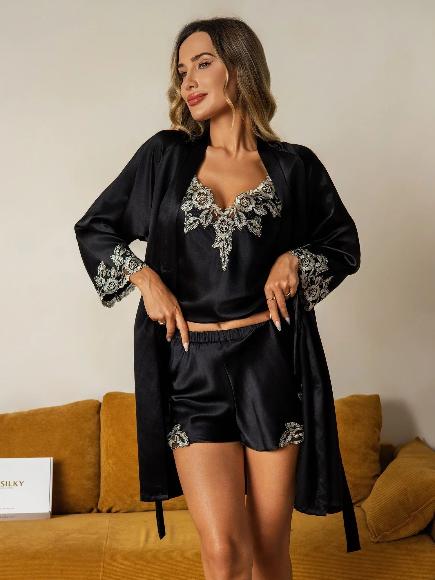 Elegant Pure Silk Lace Trimmed Robe and Camisole Set 3Pcs - Image 18