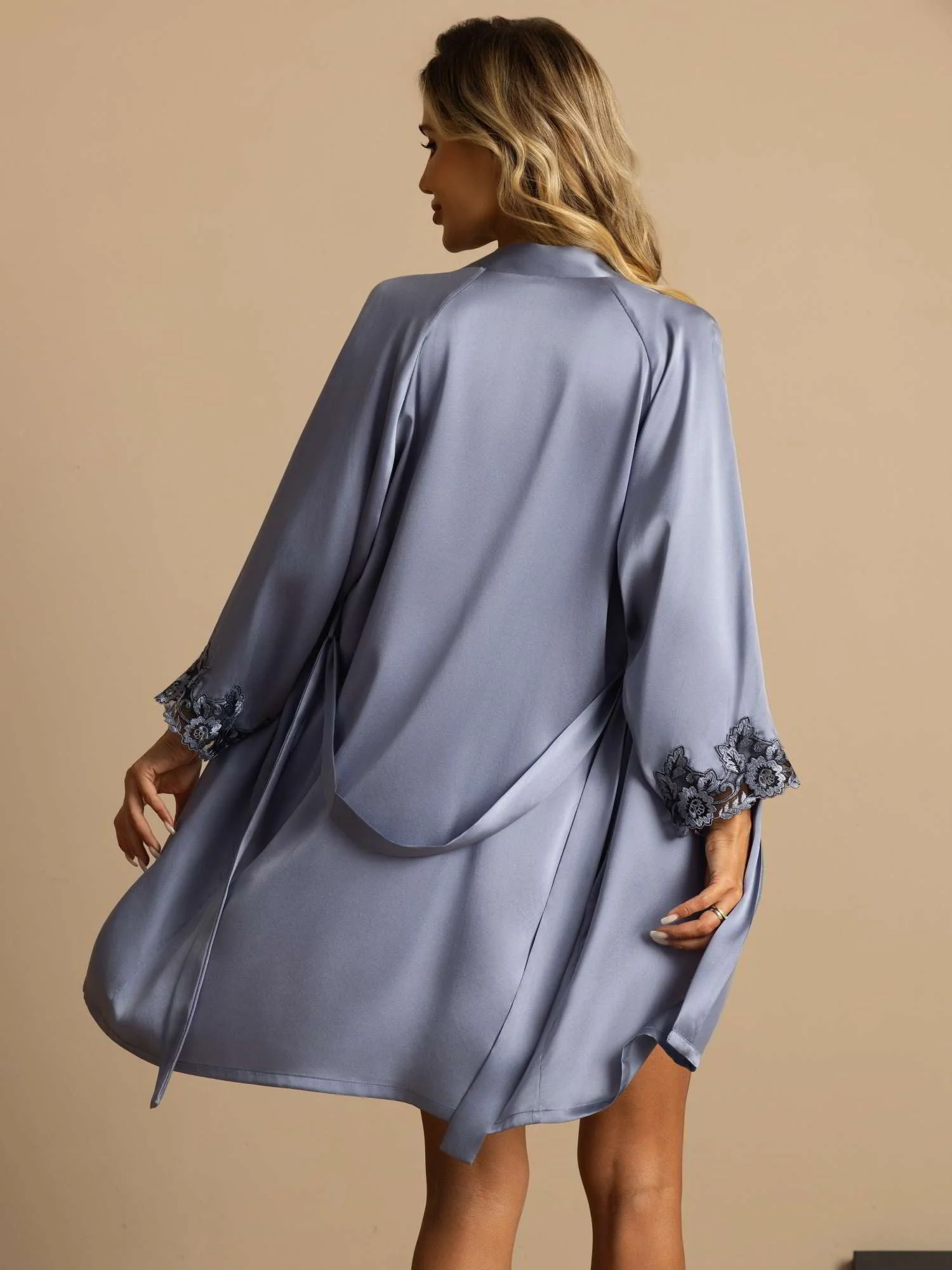 Elegant Pure Silk Lace Trimmed Robe and Camisole Set 3Pcs - Image 24