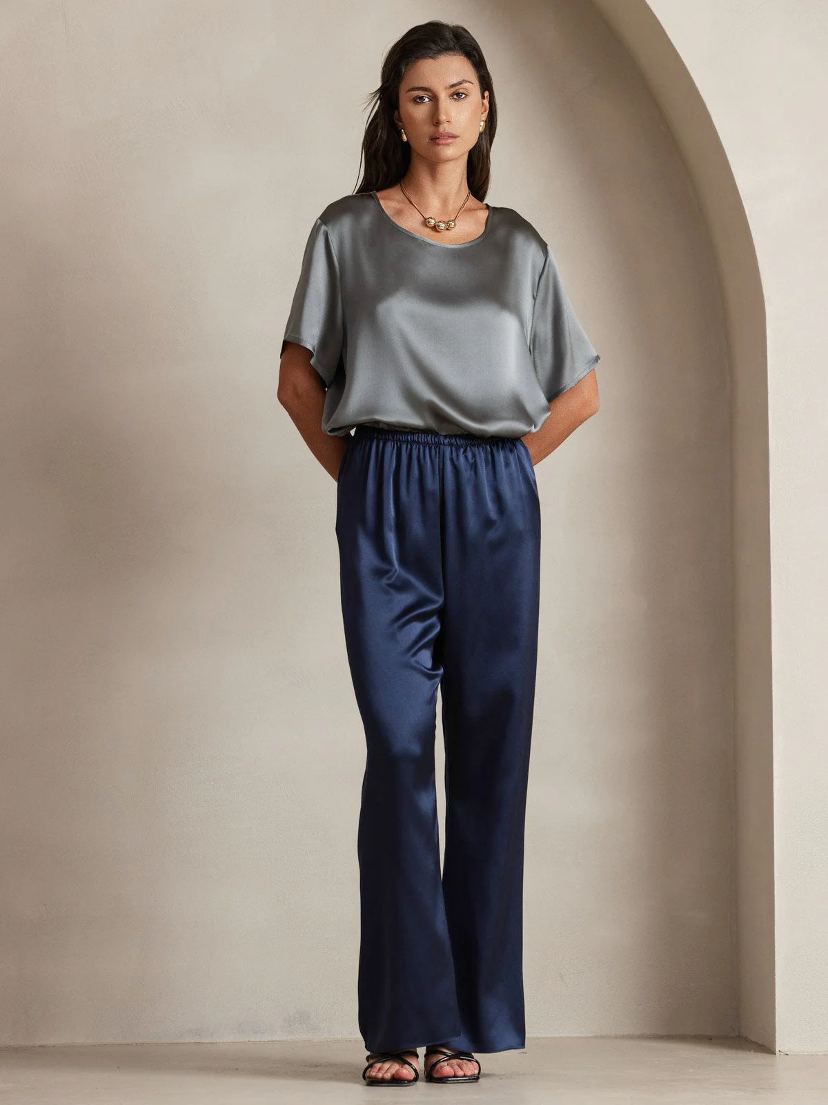 19Momme Silk Wide Leg Women's Pants with Elastic Waist Design - Image 20