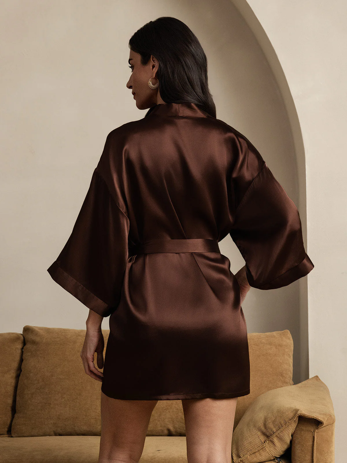 Pure Silk 3/4 Sleeve Short Women's Kimono Dressing Gown with Wrap Design - Image 13