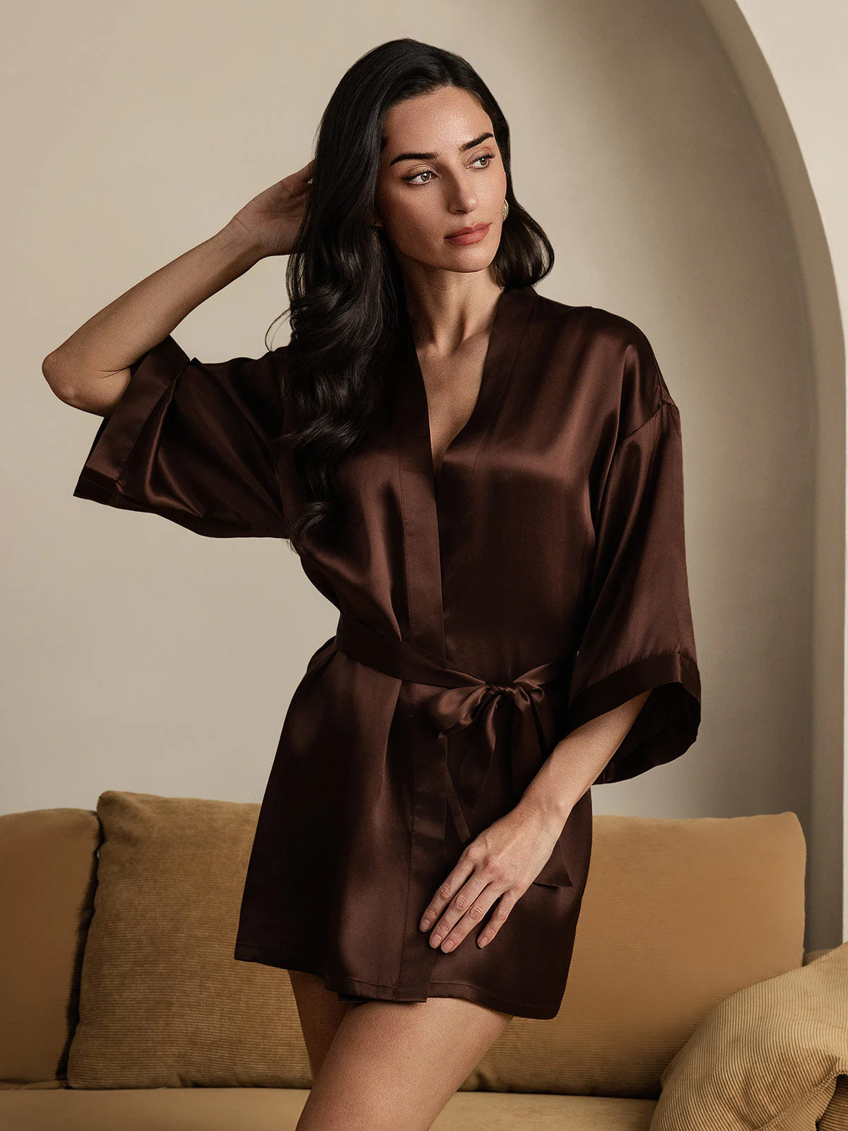 Pure Silk 3/4 Sleeve Short Women's Kimono Dressing Gown with Wrap Design - Image 15