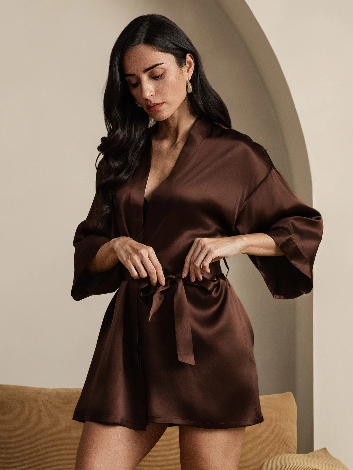 Pure Silk 3/4 Sleeve Short Women's Kimono Dressing Gown with Wrap Design - Image 16