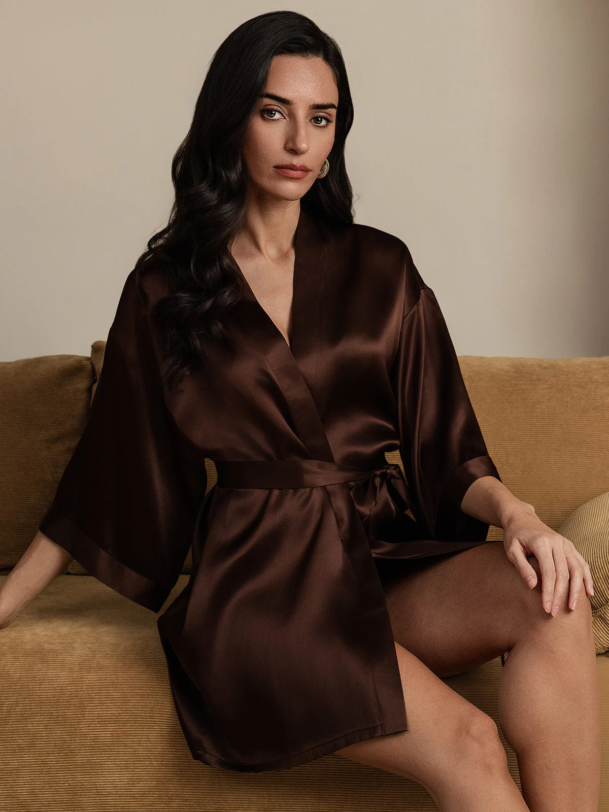 Pure Silk 3/4 Sleeve Short Women's Kimono Dressing Gown with Wrap Design - Image 17