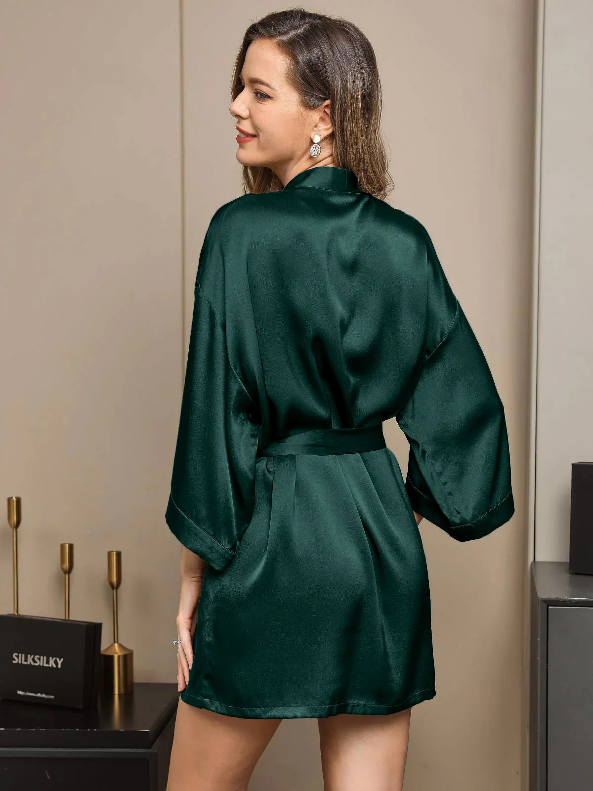 Pure Silk 3/4 Sleeve Short Women's Kimono Dressing Gown with Wrap Design - Image 7