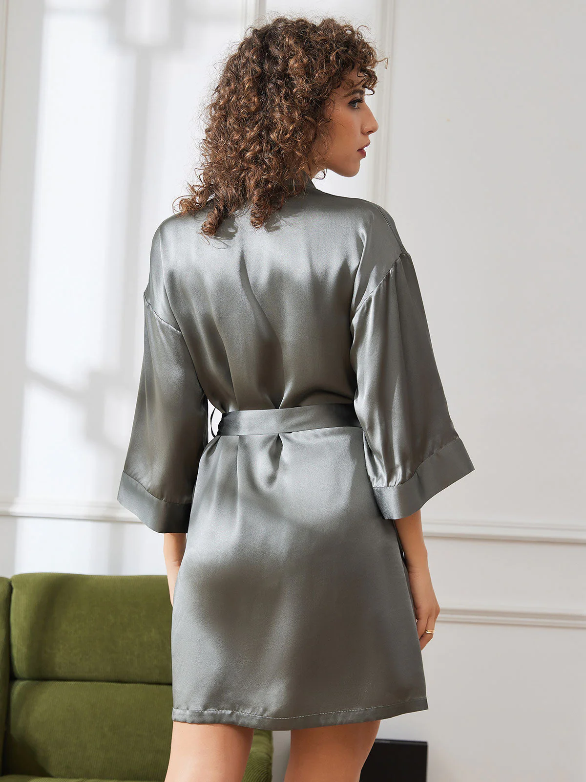 Pure Silk Short Women's Kimono Dressing Gown with Wrap Design - Image 29