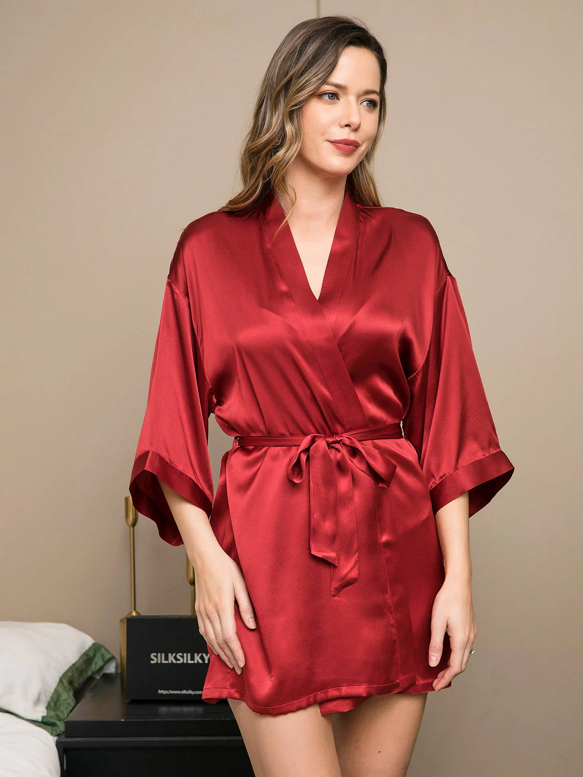 Pure Silk Short Women's Kimono Dressing Gown with Wrap Design - Image 53
