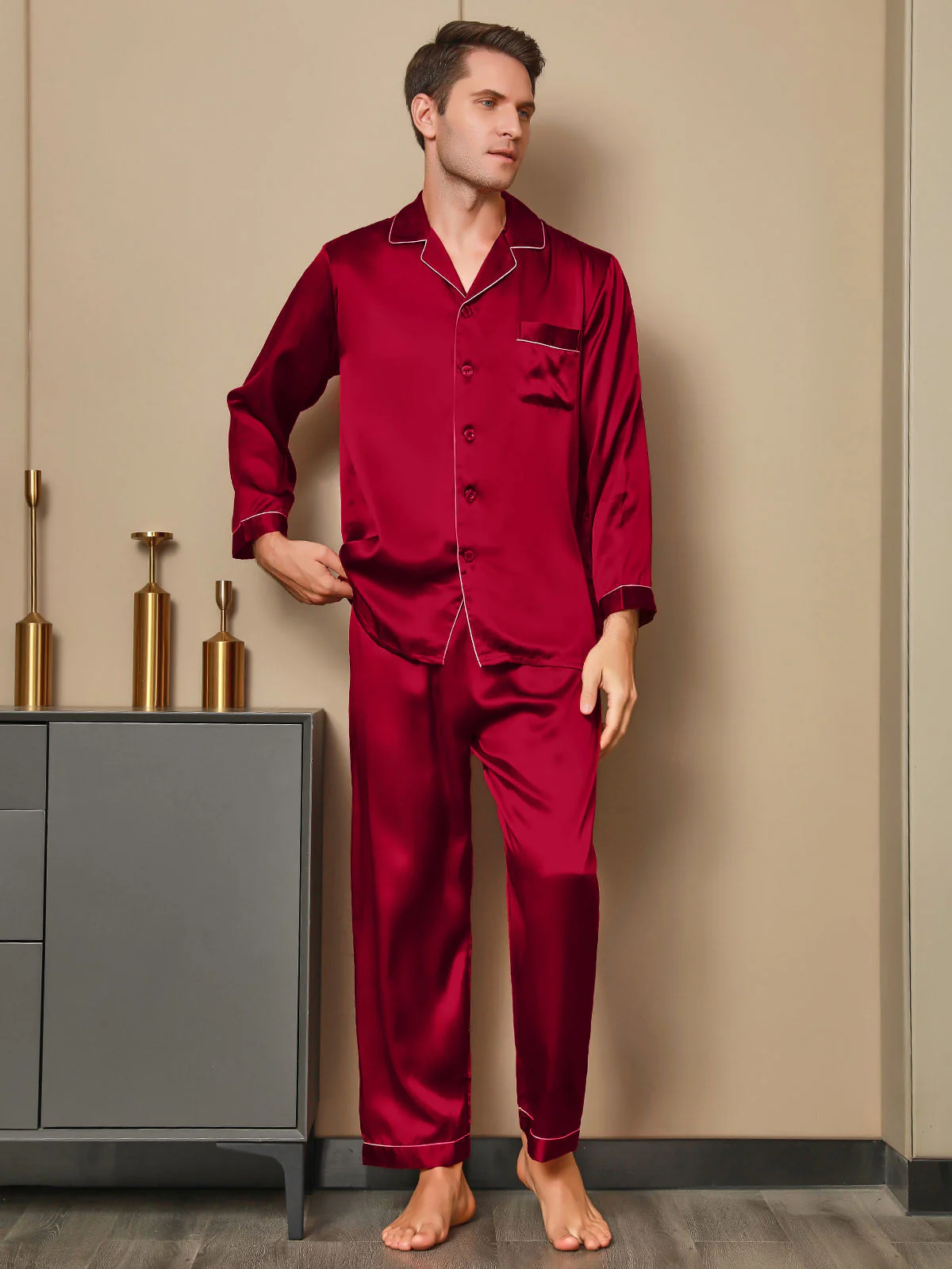 Pure Silk Long Sleeve Notch Collar Men's Pyjamas Set with Button Up Design - Image 11