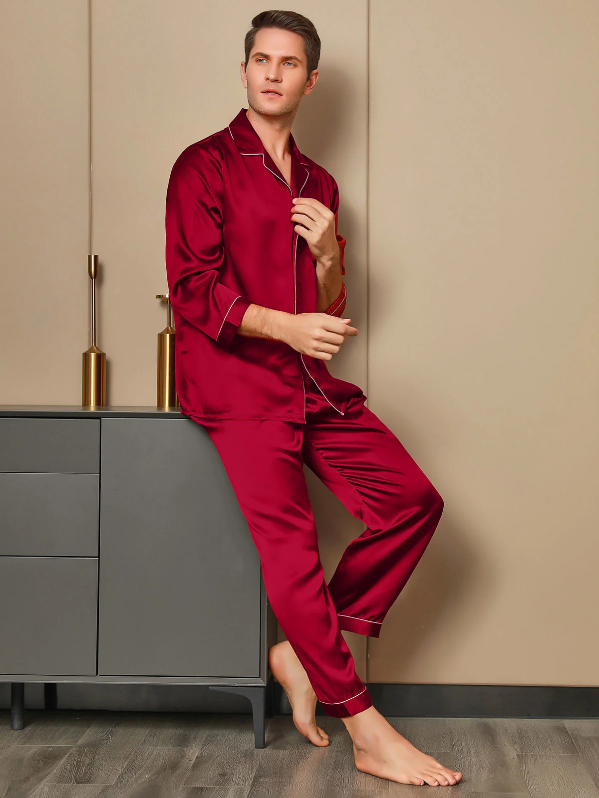 Pure Silk Long Sleeve Notch Collar Men's Pyjamas Set with Button Up Design - Image 12