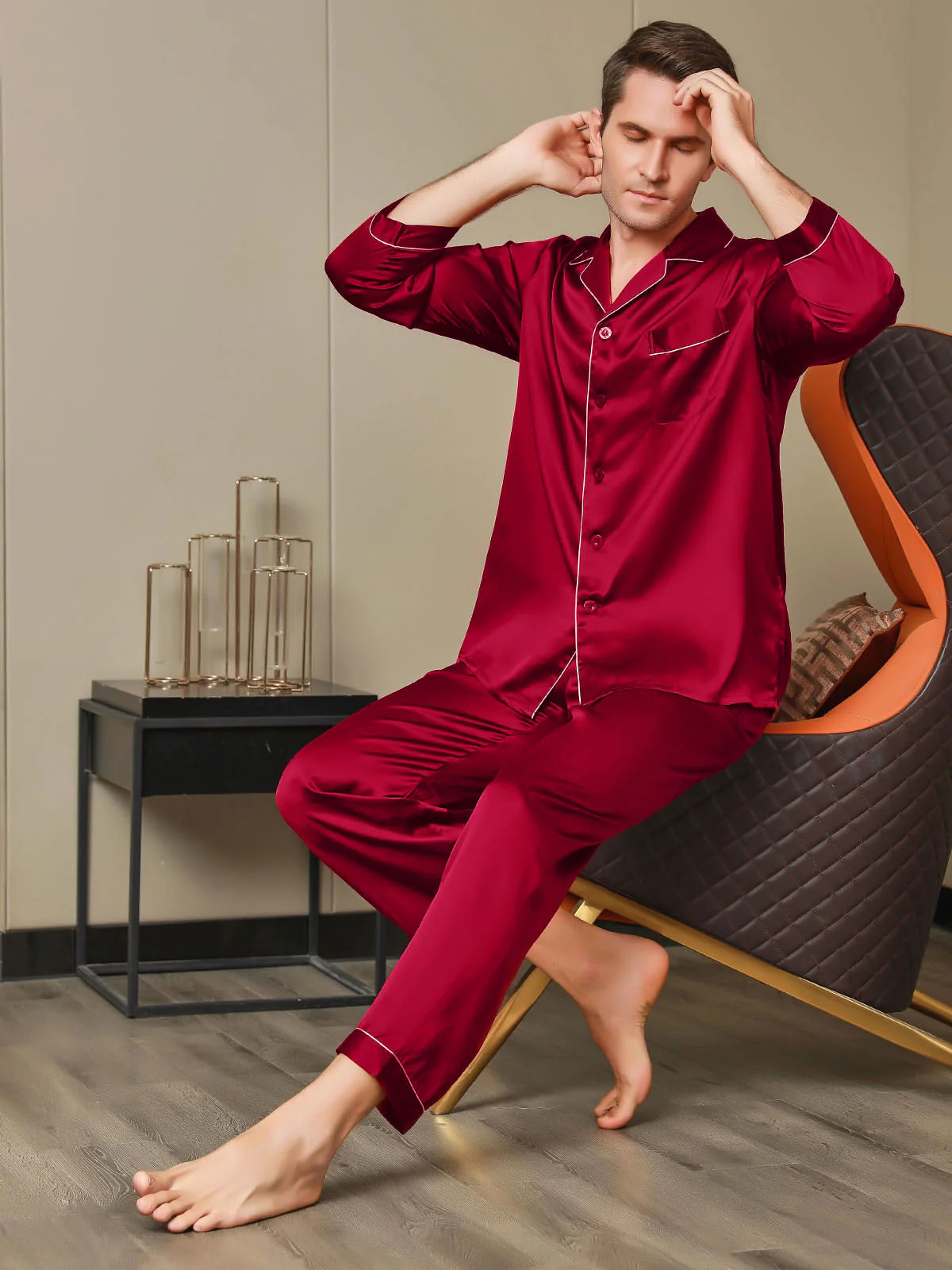 Pure Silk Long Sleeve Notch Collar Men's Pyjamas Set with Button Up Design - Image 13