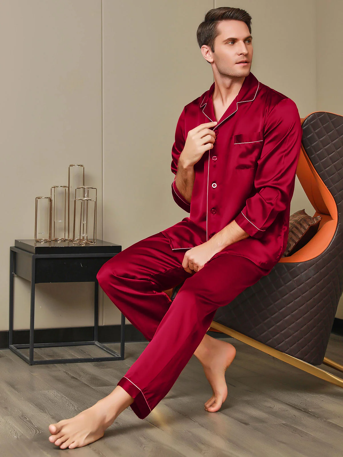 Pure Silk Long Sleeve Notch Collar Men's Pyjamas Set with Button Up Design - Image 14