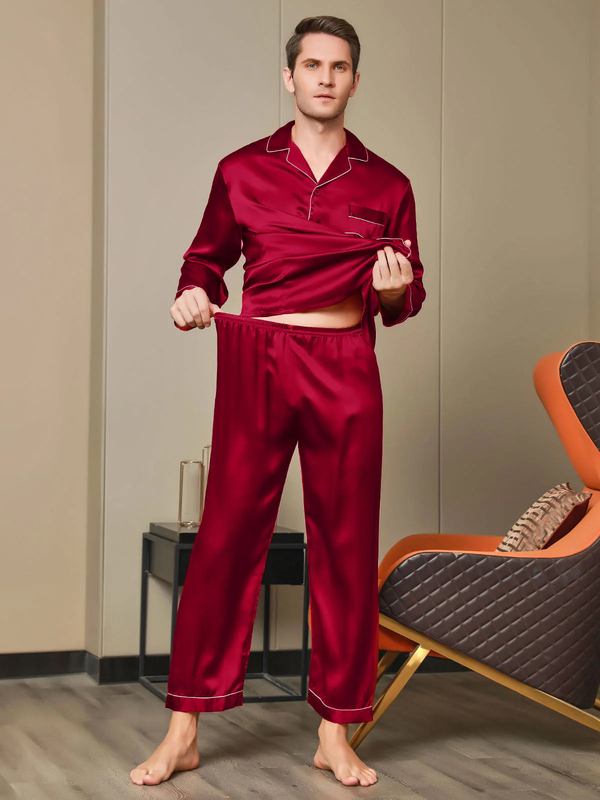 Pure Silk Long Sleeve Notch Collar Men's Pyjamas Set with Button Up Design - Image 15