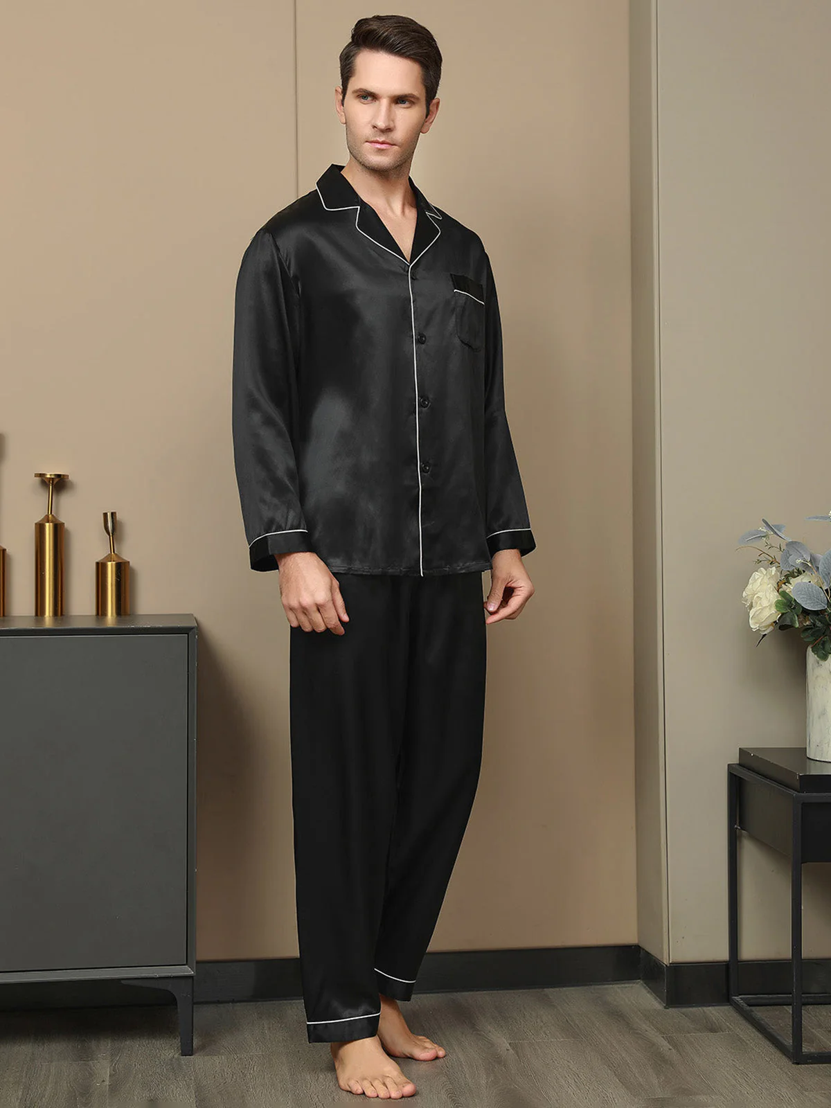 Pure Silk Long Sleeve Notch Collar Men's Pyjamas Set with Button Up Design - Image 3