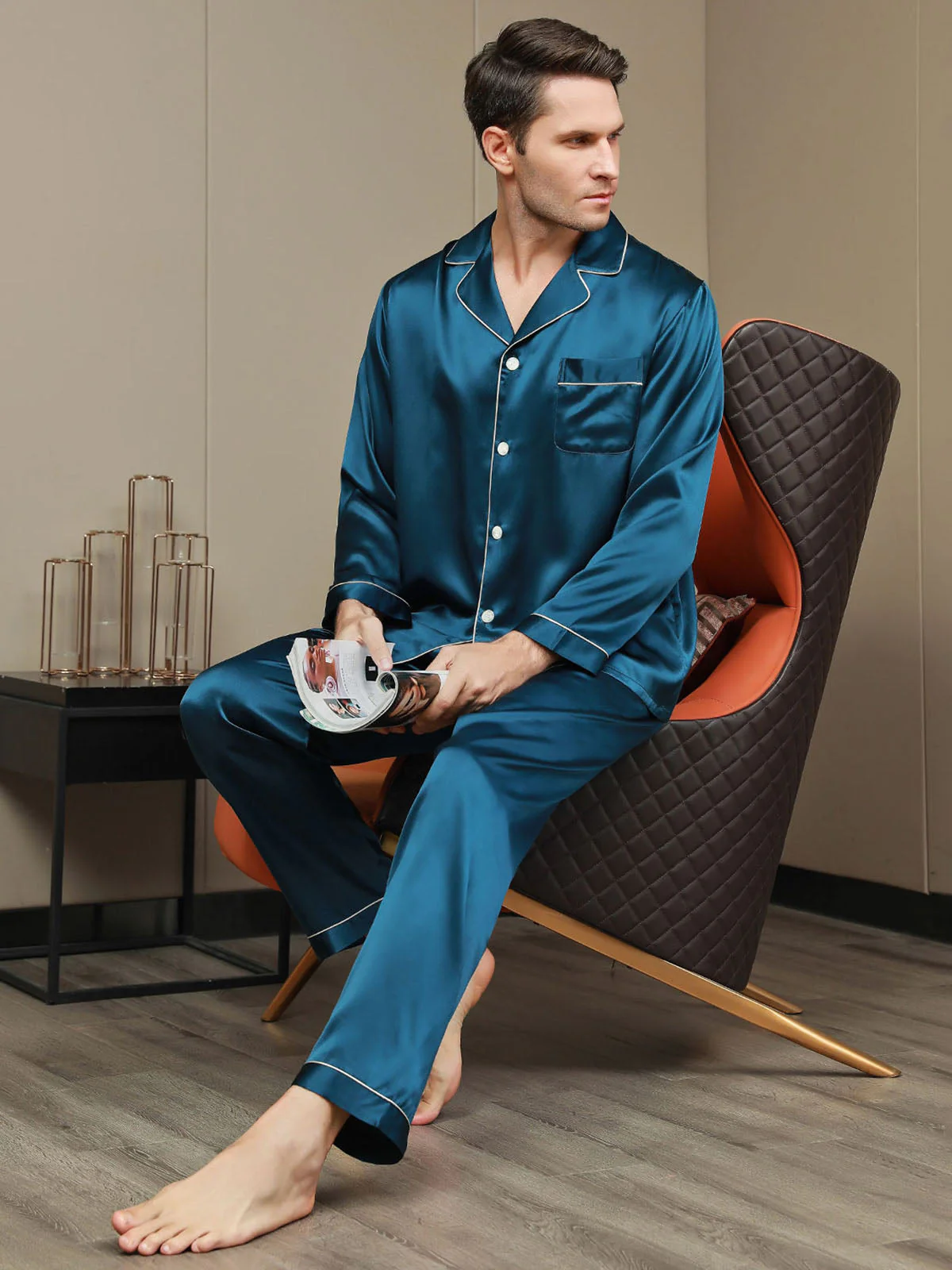 Pure Silk Long Sleeve Notch Collar Men's Pyjamas Set with Button Up Design - Image 40