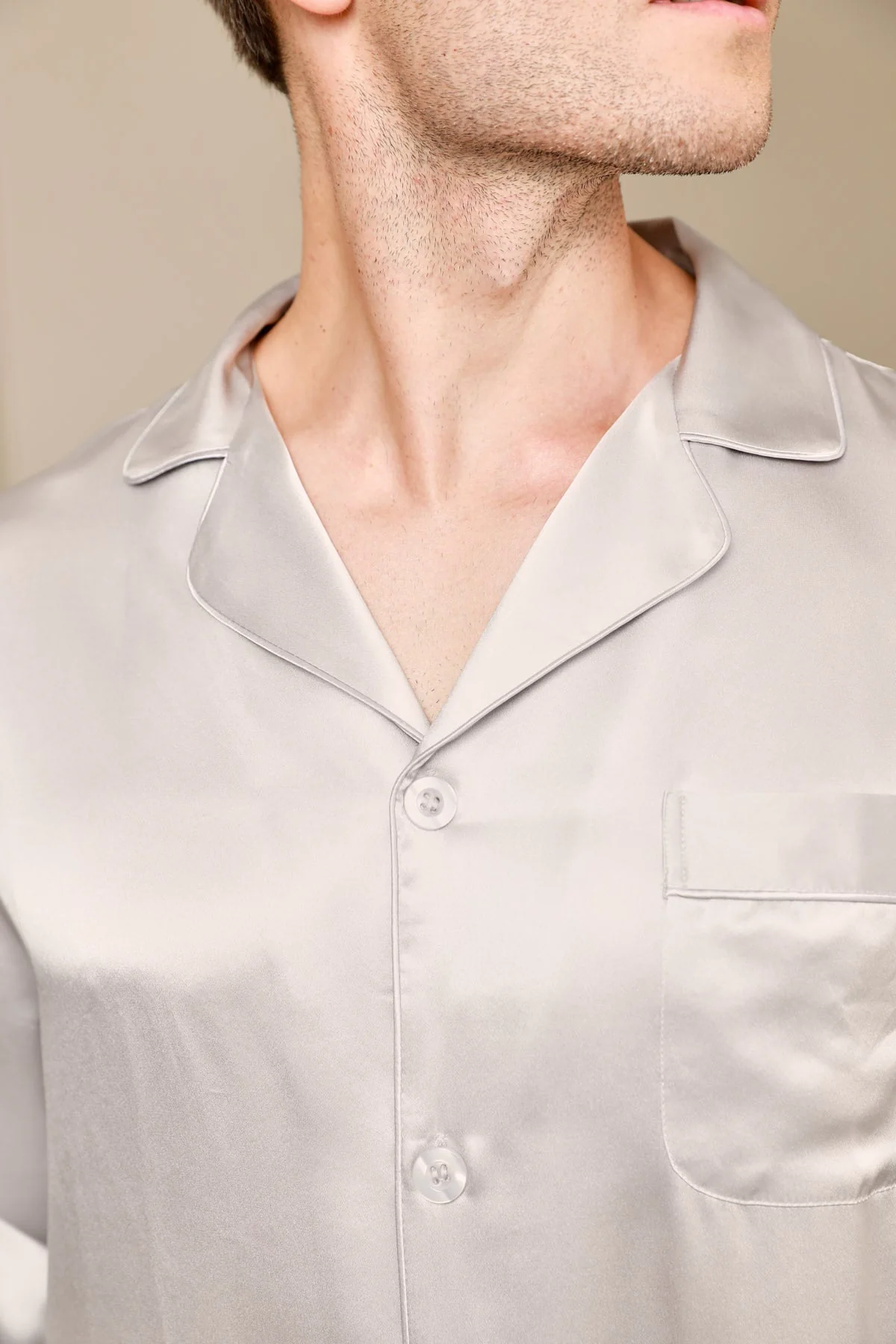 Pure Silk Long Sleeve Notch Collar Men's Pyjamas Set with Button Up Design - Image 46
