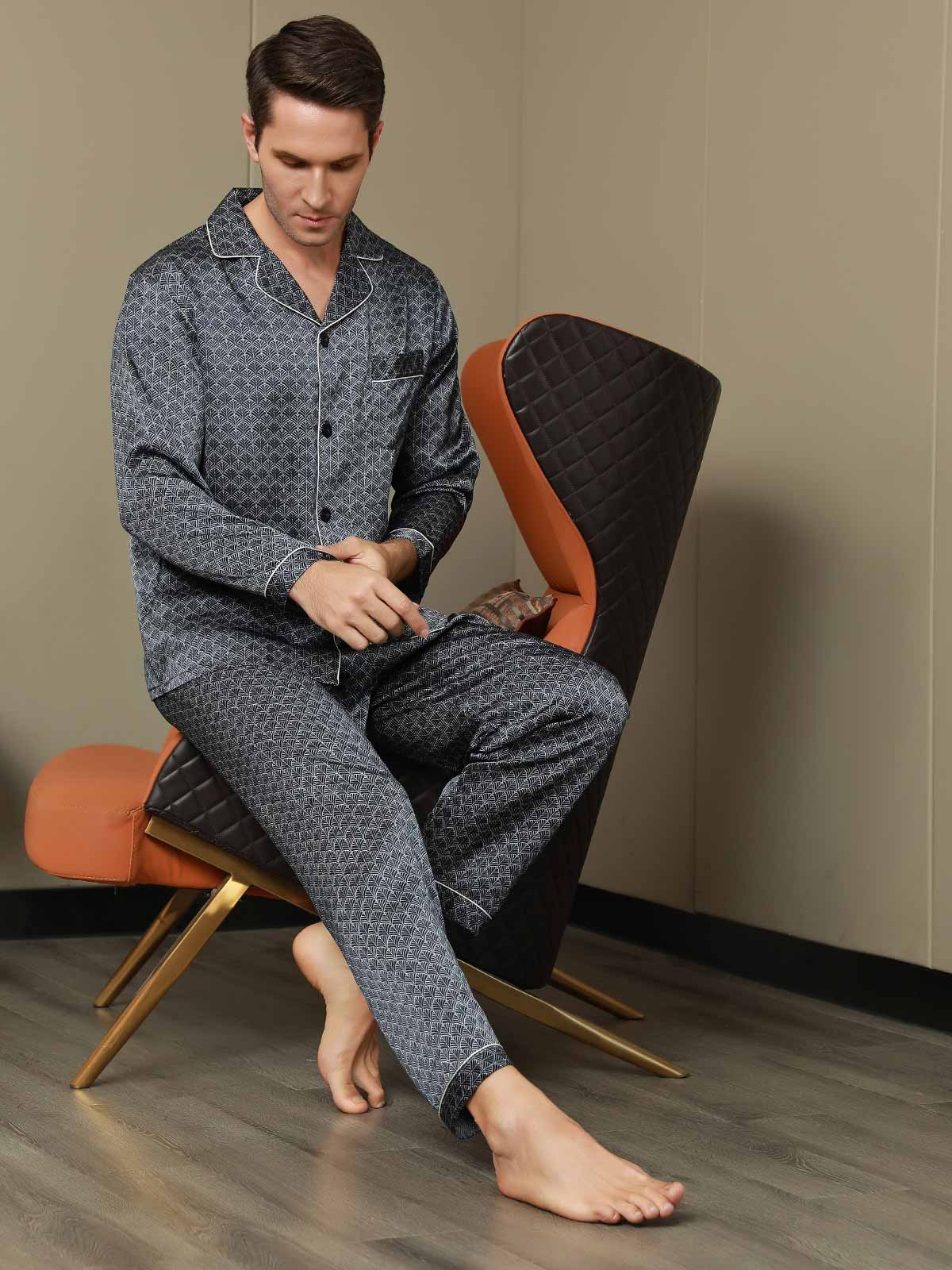 Pure Silk Navy Ginkgo Print Long Sleeve Men's Pyjamas Set With Pants - Image 14