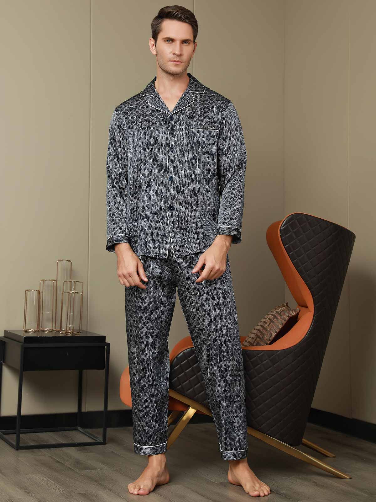 Pure Silk Navy Ginkgo Print Long Sleeve Men's Pyjamas Set With Pants - Image 15