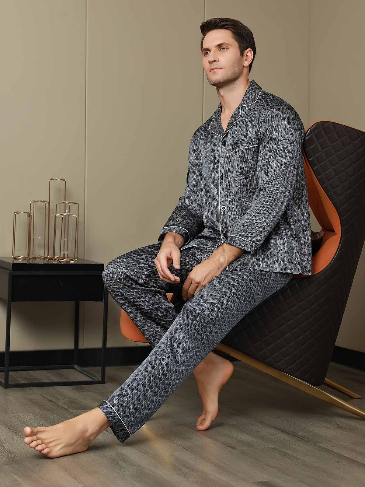Pure Silk Navy Ginkgo Print Long Sleeve Men's Pyjamas Set With Pants - Image 3