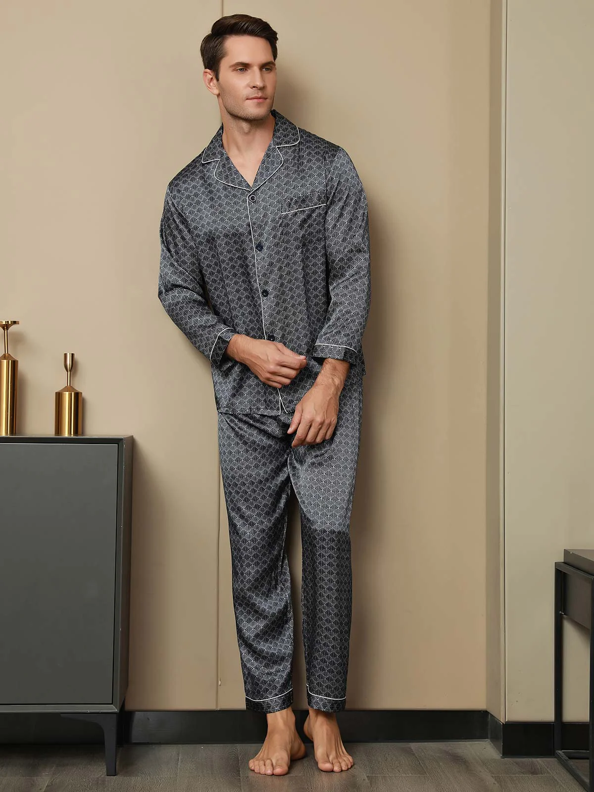 Pure Silk Navy Ginkgo Print Long Sleeve Men's Pyjamas Set With Pants - Image 4
