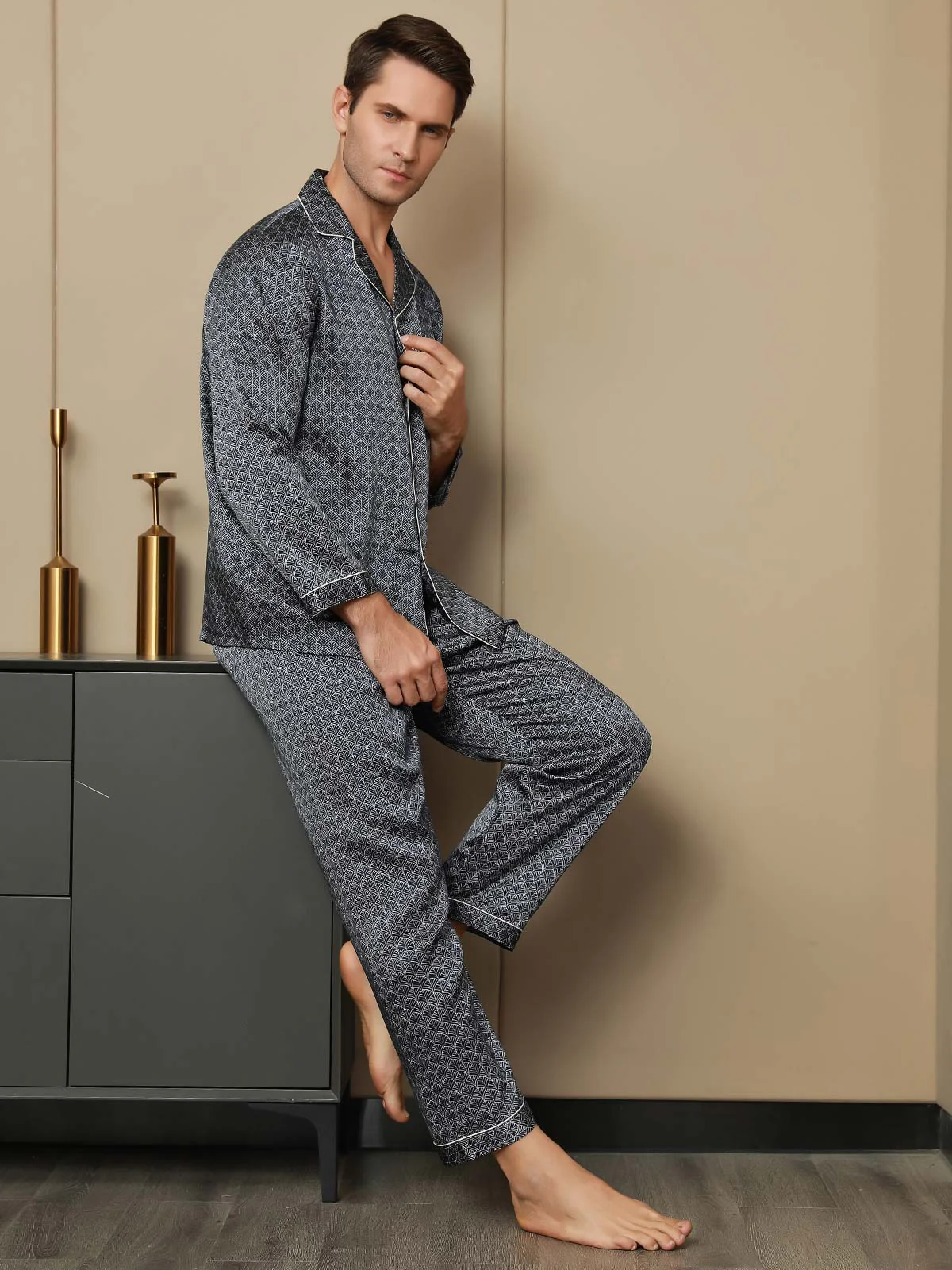 Pure Silk Navy Ginkgo Print Long Sleeve Men's Pyjamas Set With Pants - Image 5