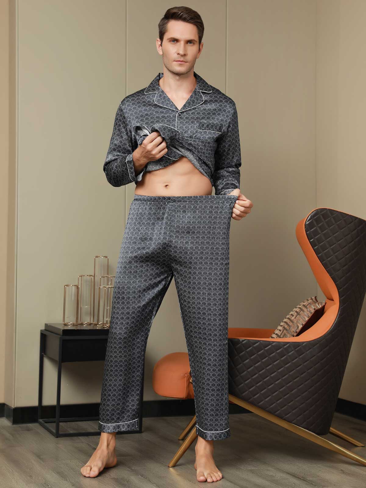 Pure Silk Navy Ginkgo Print Long Sleeve Men's Pyjamas Set With Pants - Image 8