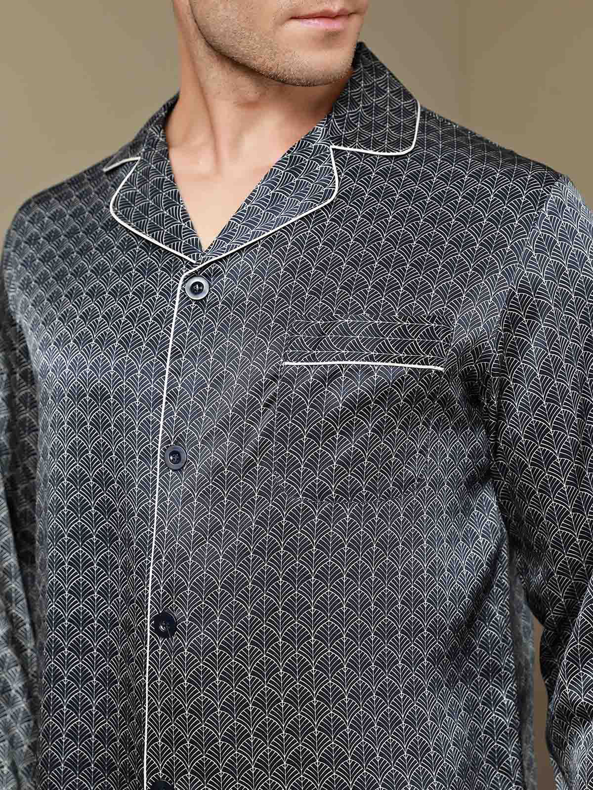 Pure Silk Navy Ginkgo Print Long Sleeve Men's Pyjamas Set With Pants - Image 9
