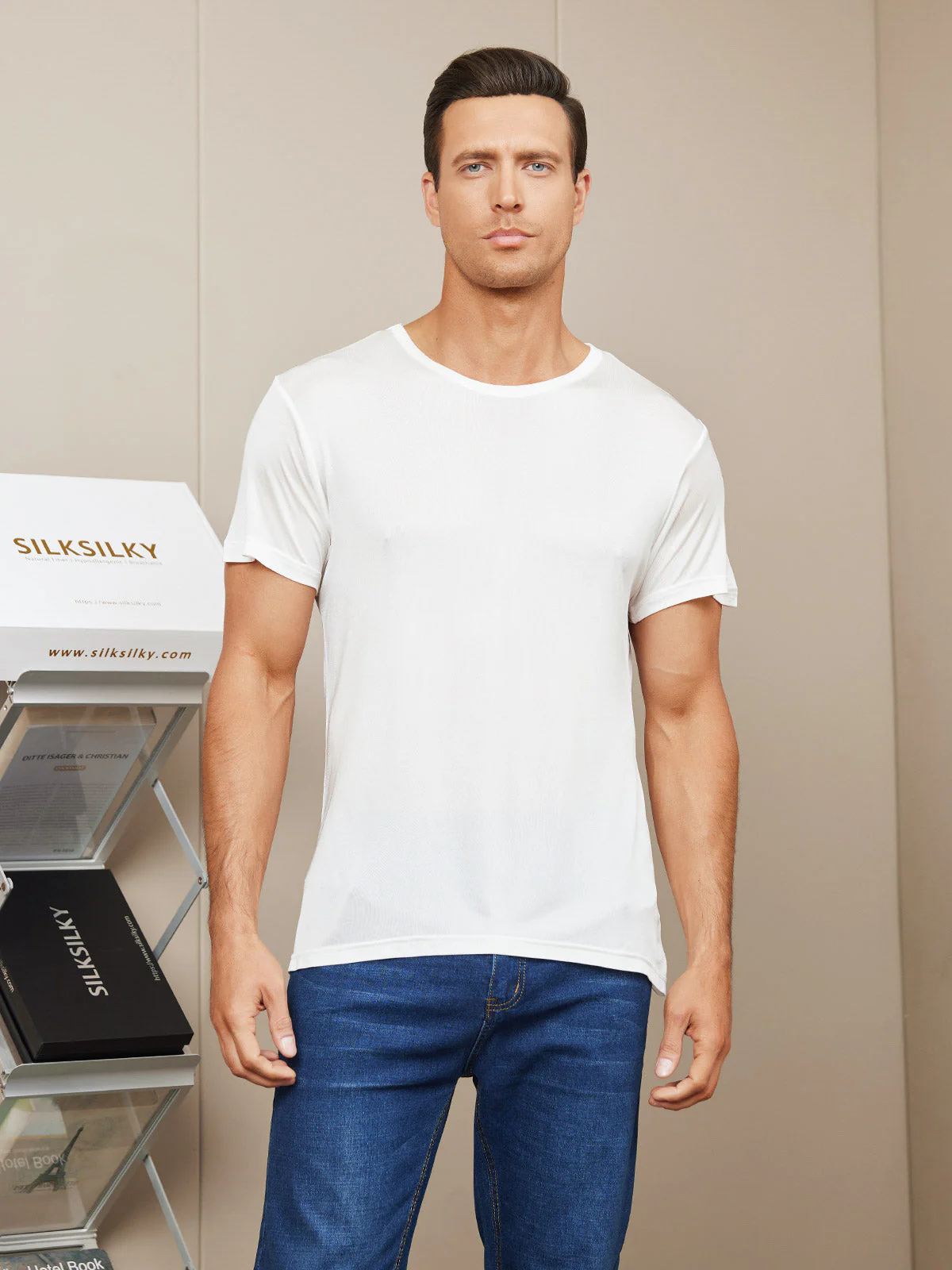 Mens Crew Neck Pure Silk T Shirt - Image 14