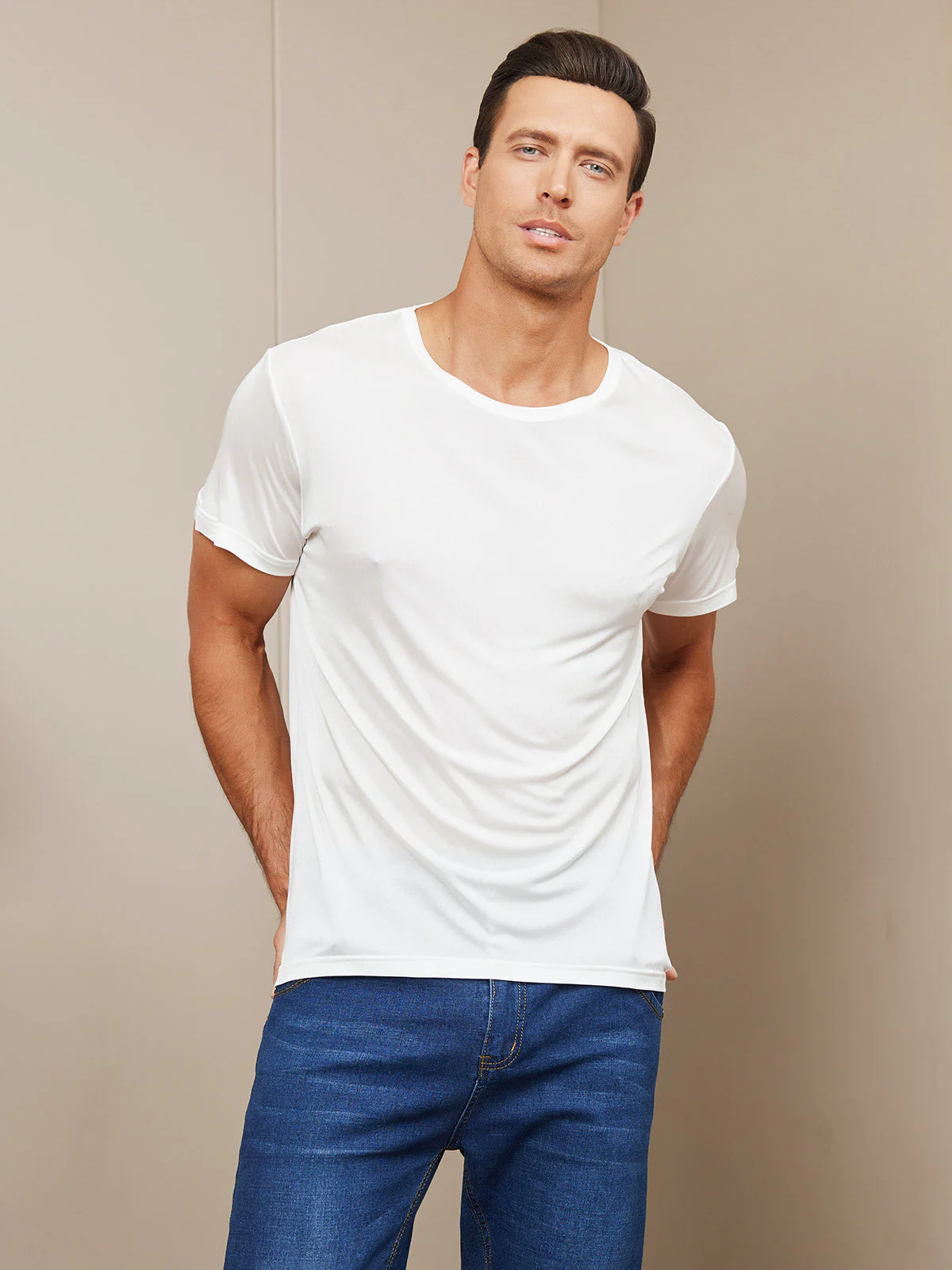 Mens Crew Neck Pure Silk T Shirt - Image 17