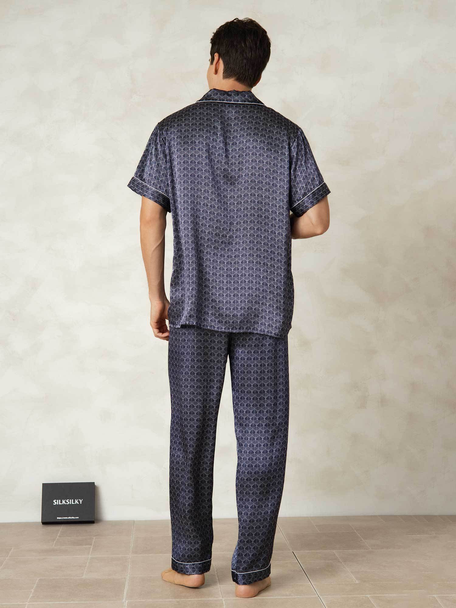 Men's Pure Silk Navy Ginkgo Print Short Sleeve Pyjamas Set with Pants - Image 2