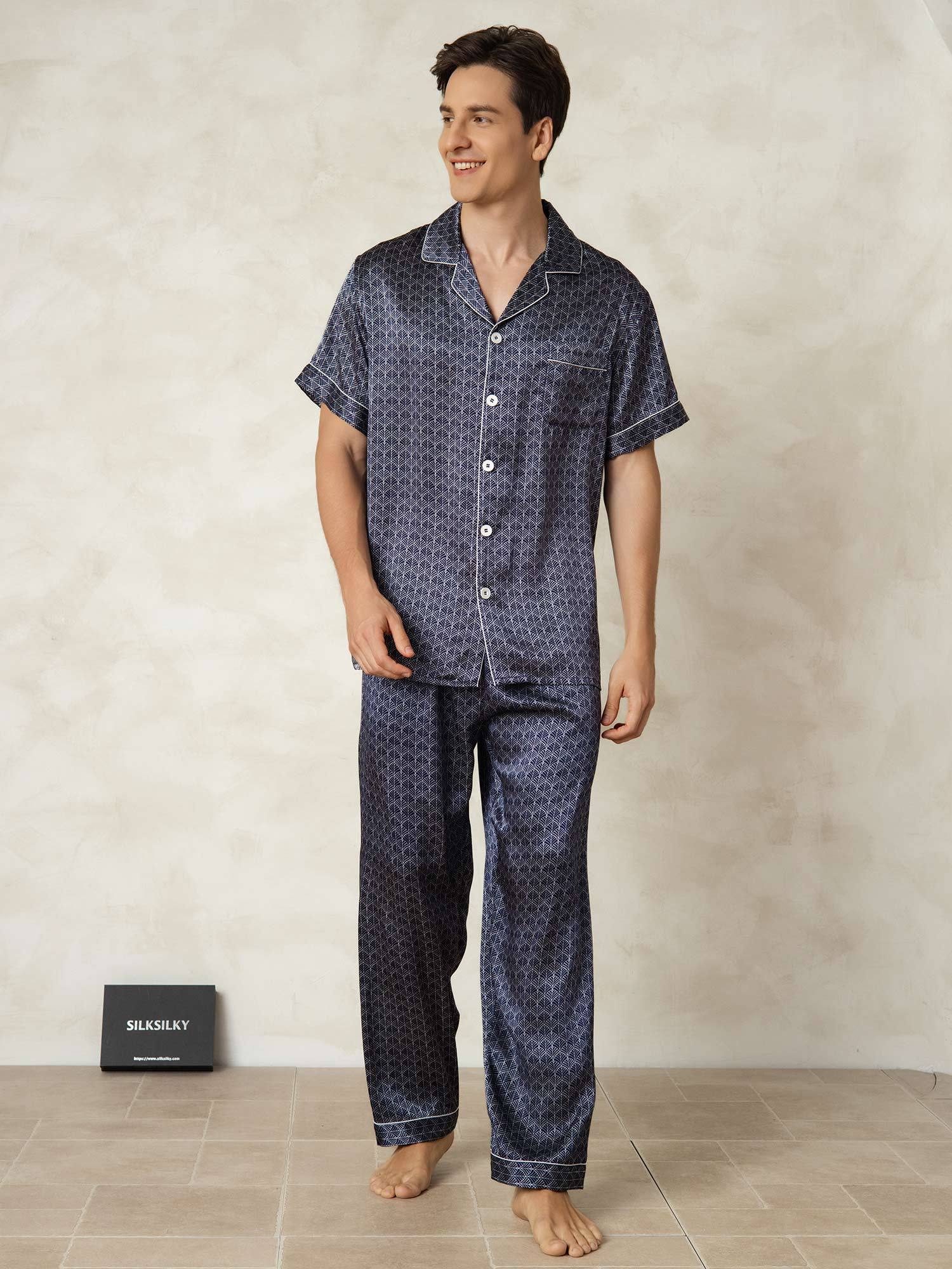 Men's Pure Silk Navy Ginkgo Print Short Sleeve Pyjamas Set with Pants - Image 5