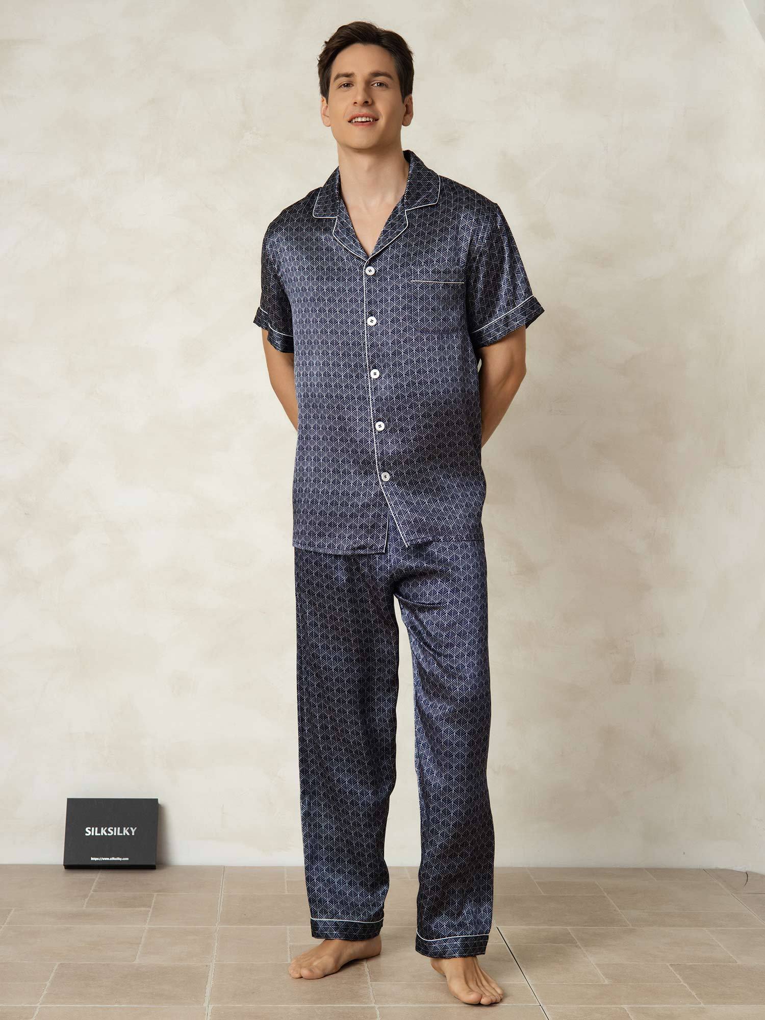 Men's Pure Silk Navy Ginkgo Print Short Sleeve Pyjamas Set with Pants - Image 6