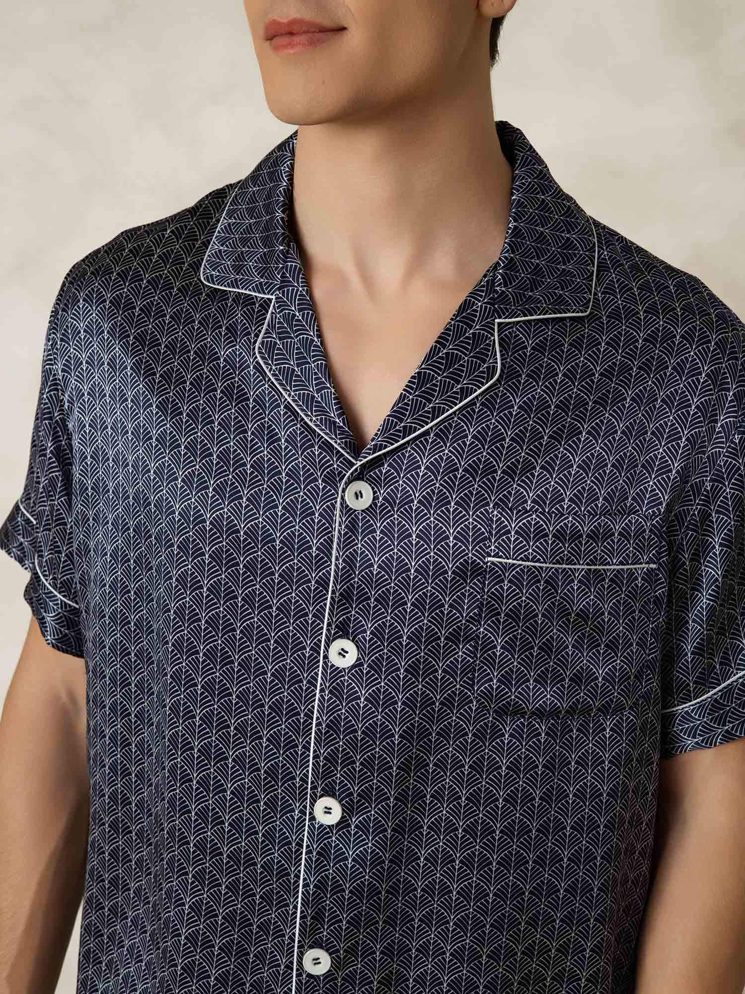 Men's Pure Silk Navy Ginkgo Print Short Sleeve Pyjamas Set with Pants - Image 7