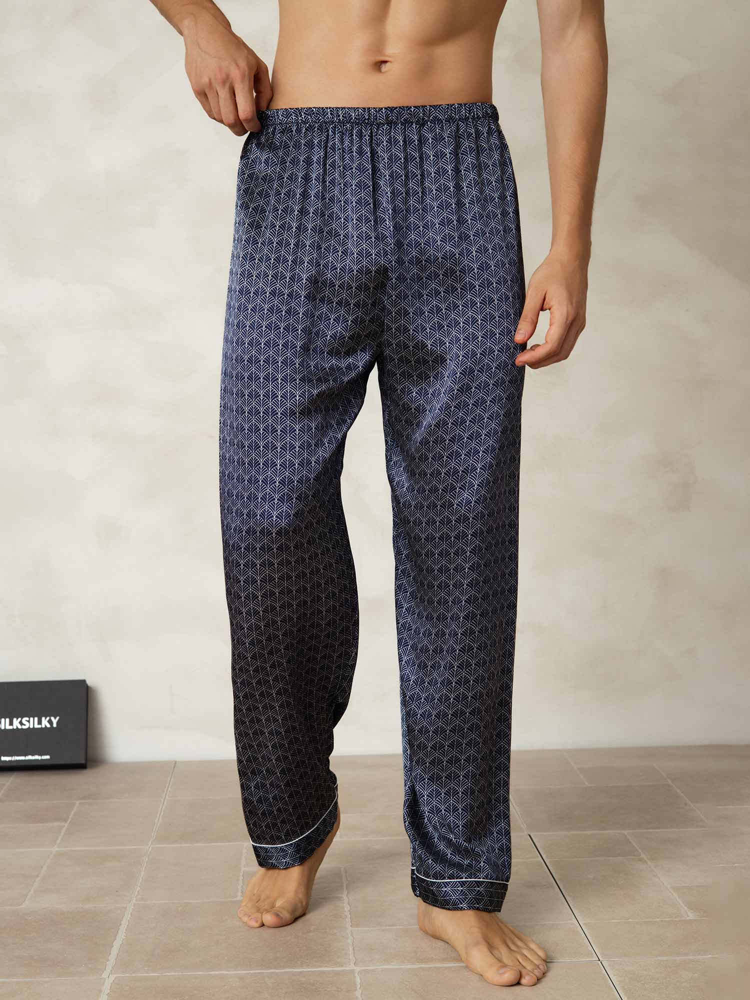 Men's Pure Silk Navy Ginkgo Print Sleep Pants with Elastic Waist
