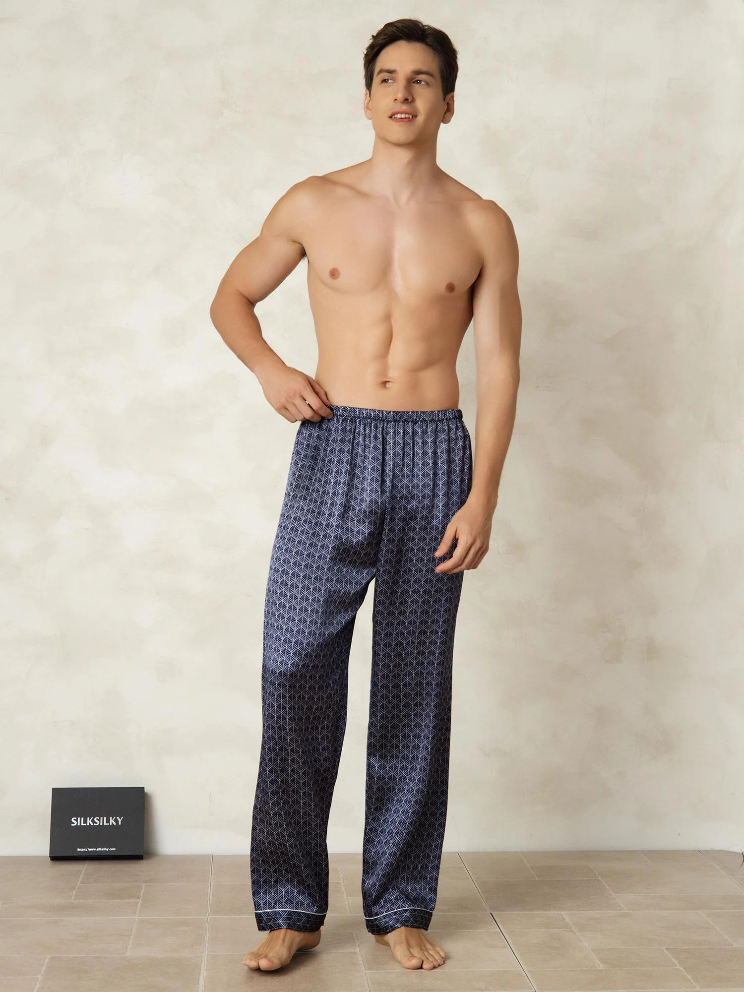 Men's Pure Silk Navy Ginkgo Print Sleep Pants with Elastic Waist - Image 4