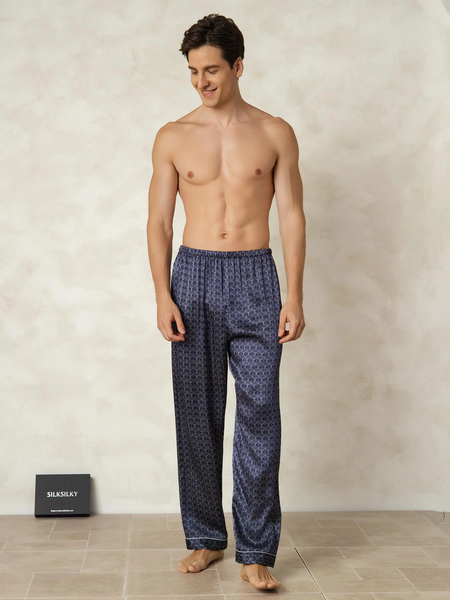 Men's Pure Silk Navy Ginkgo Print Sleep Pants with Elastic Waist - Image 5