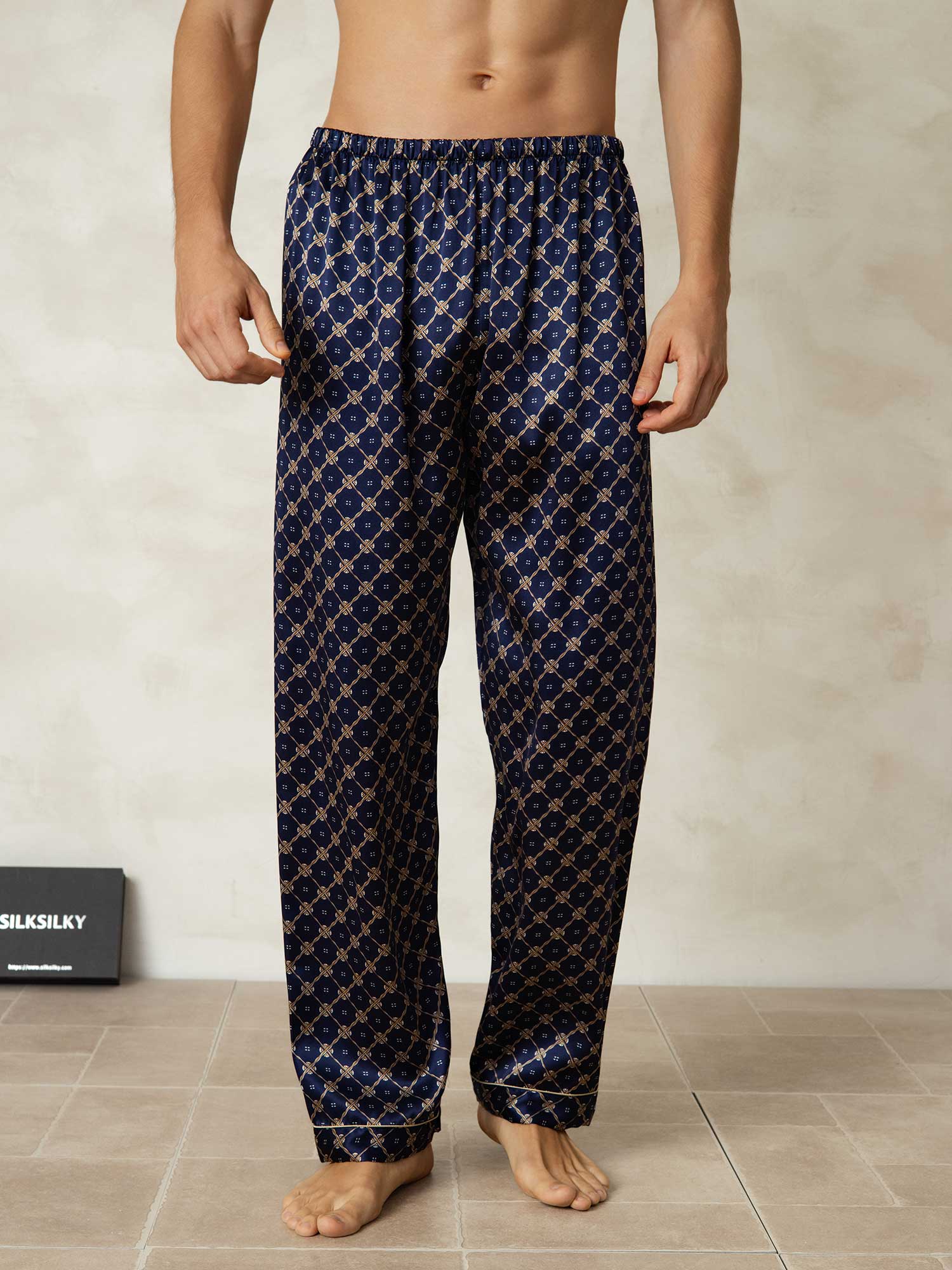 Men's Pure Silk Navy Chain Print Sleep Pants with Elastic Waist
