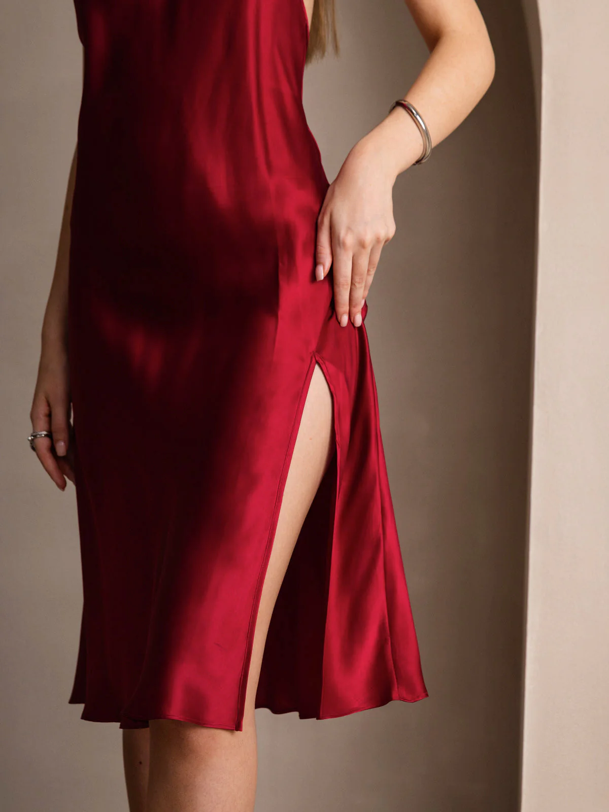 Pure Silk Spaghetti Strap U Neck Knee Dress with Split Criss Cross V-Back Design - Image 10