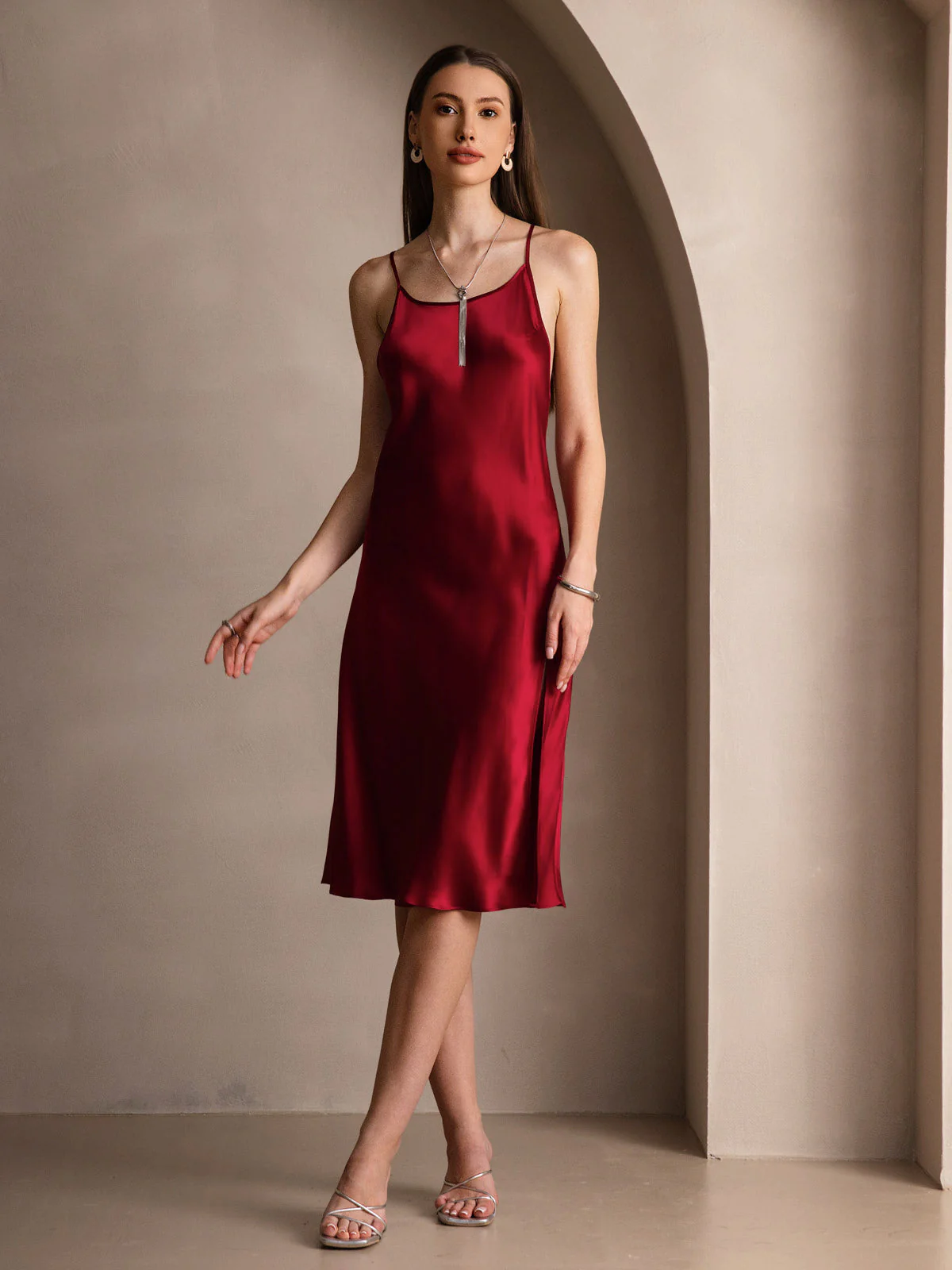 Pure Silk Spaghetti Strap U Neck Knee Dress with Split Criss Cross V-Back Design - Image 11