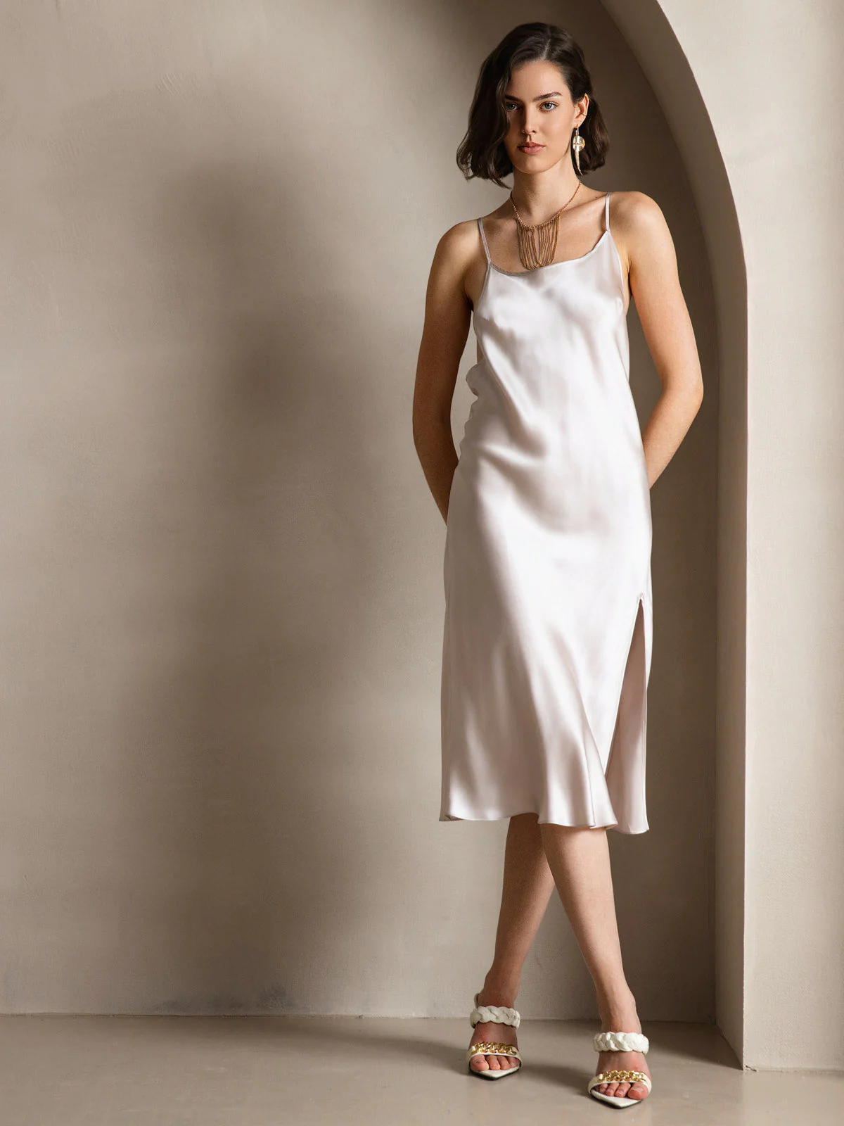 Pure Silk Spaghetti Strap U Neck Knee Dress with Split Criss Cross V-Back Design - Image 13