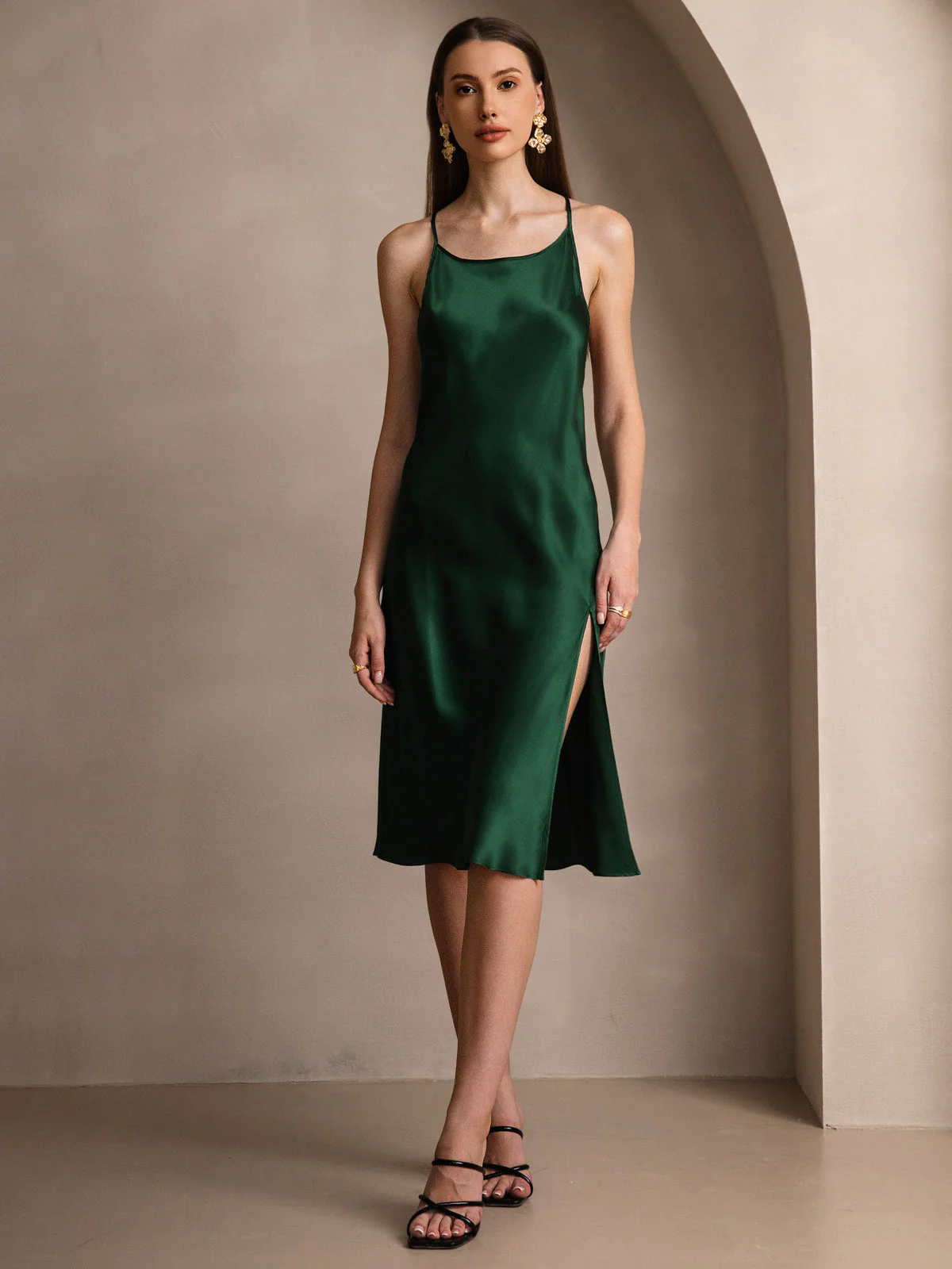 Pure Silk Spaghetti Strap U Neck Knee Dress with Split Criss Cross V-Back Design - Image 19