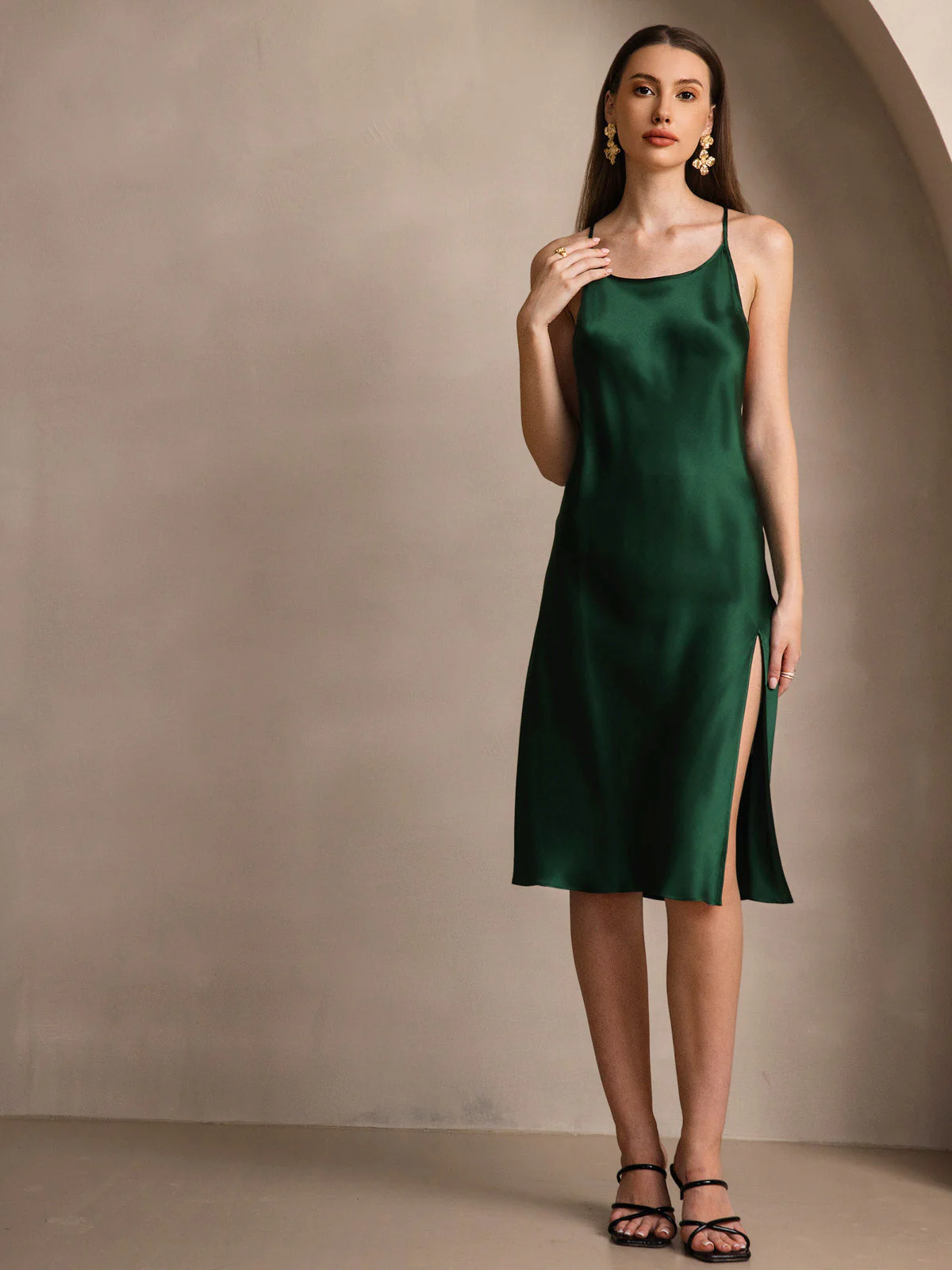 Pure Silk Spaghetti Strap U Neck Knee Dress with Split Criss Cross V-Back Design - Image 22