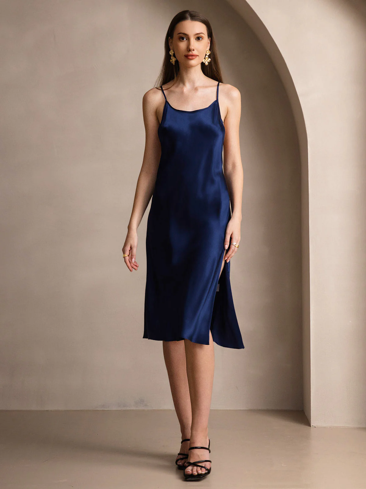 Pure Silk Spaghetti Strap U Neck Knee Dress with Split Criss Cross V-Back Design - Image 28
