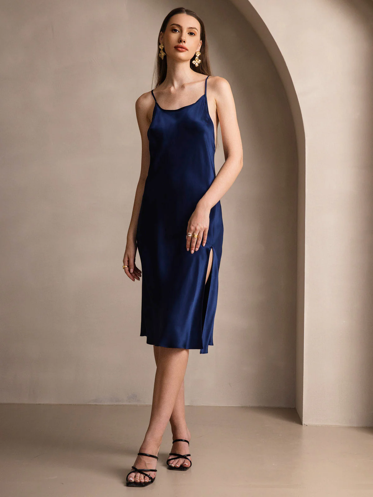 Pure Silk Spaghetti Strap U Neck Knee Dress with Split Criss Cross V-Back Design - Image 29