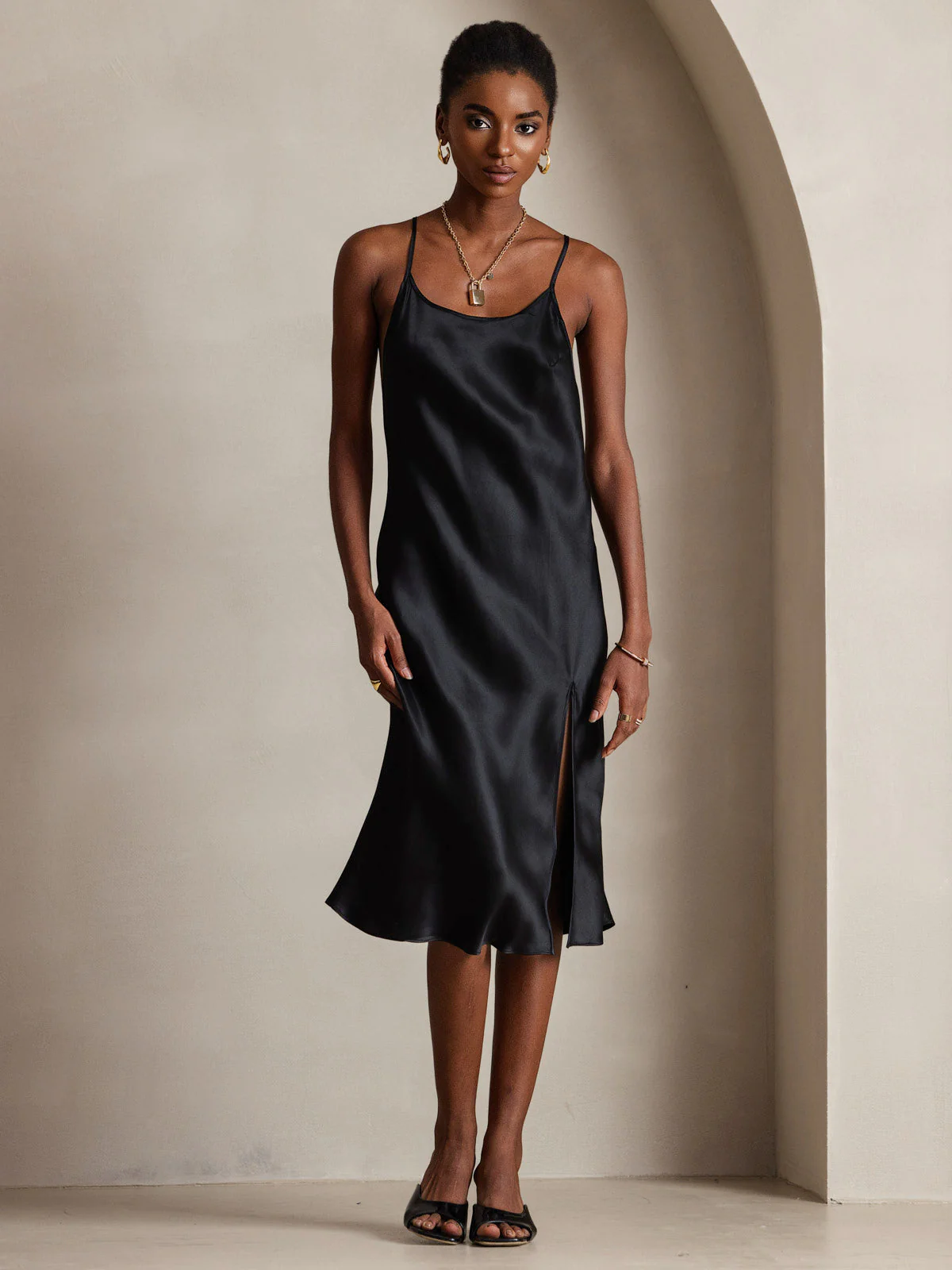 Pure Silk Spaghetti Strap U Neck Knee Dress with Split Criss Cross V-Back Design - Image 5