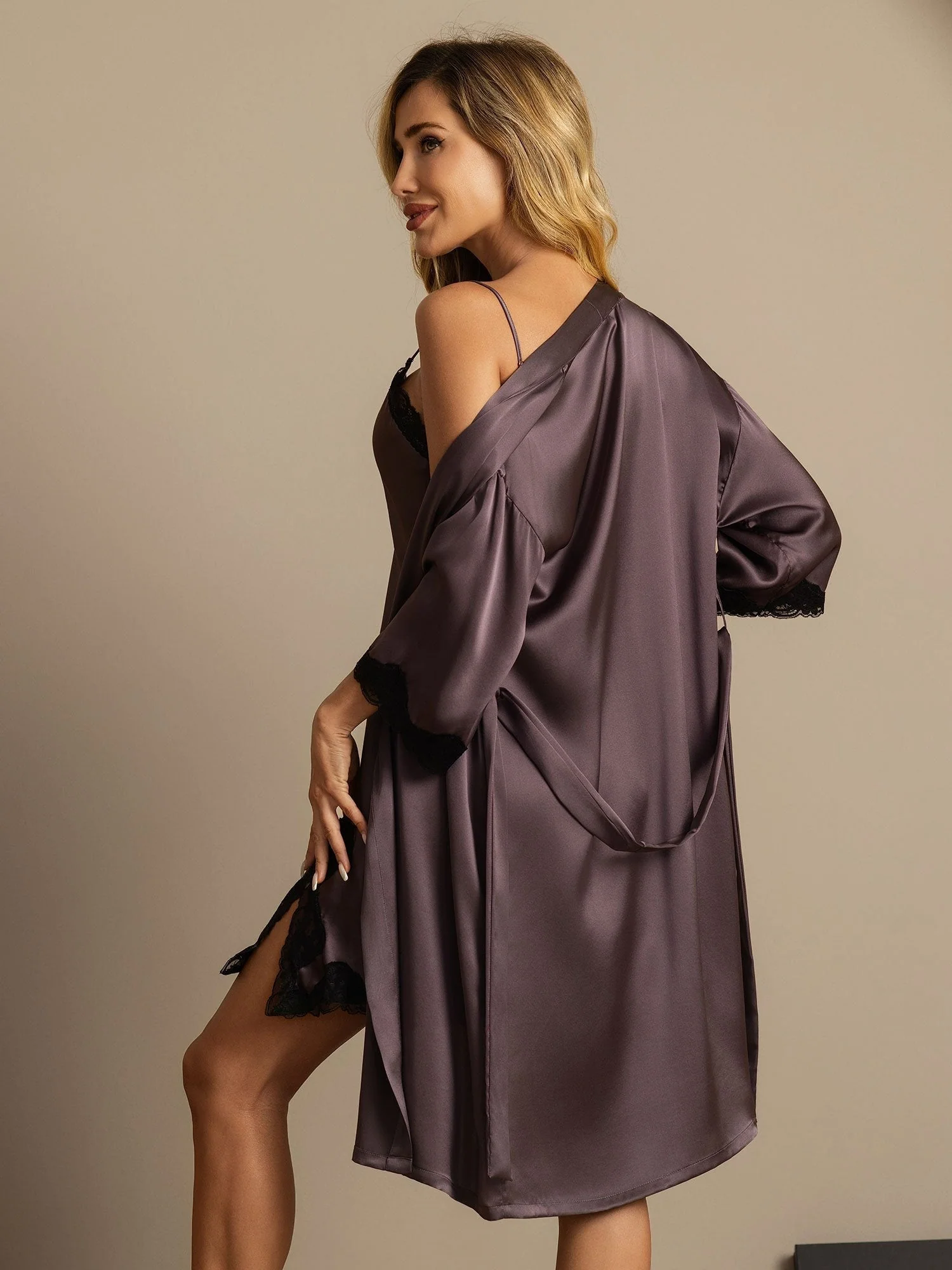 Pure Silk Basic Lace Trimmed Split Nightdress&Dressing gowns 2Pcs - Image 23