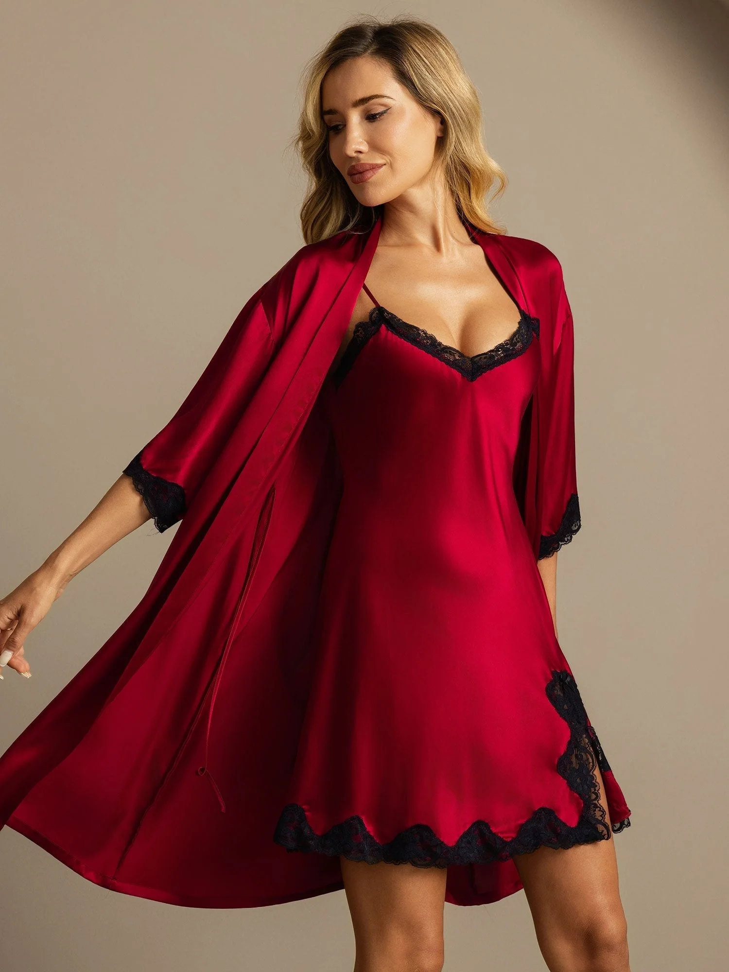 Pure Silk Basic Lace Trimmed Split Nightdress&Dressing gowns 2Pcs - Image 4