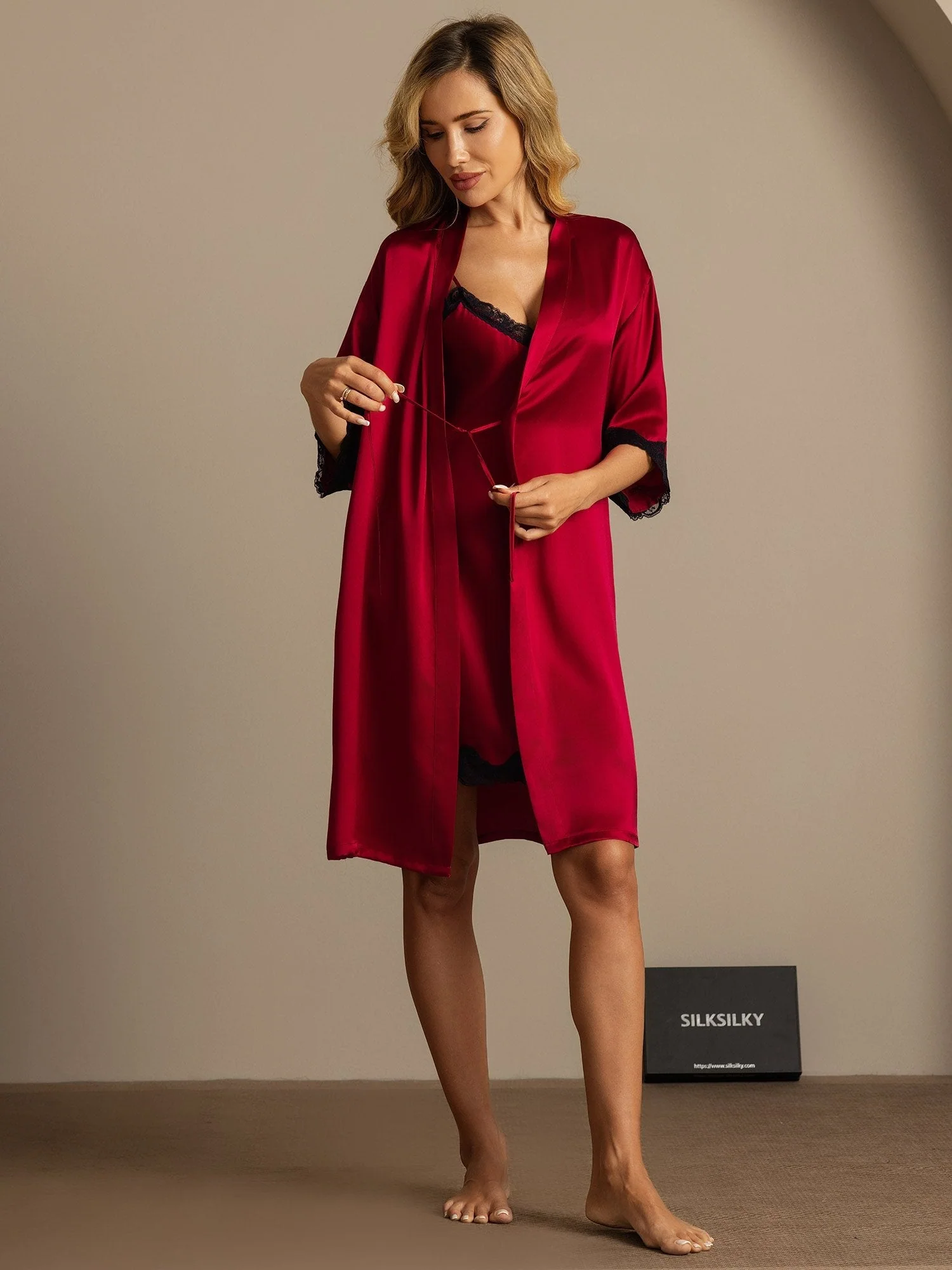 Pure Silk Basic Lace Trimmed Split Nightdress&Dressing gowns 2Pcs - Image 8