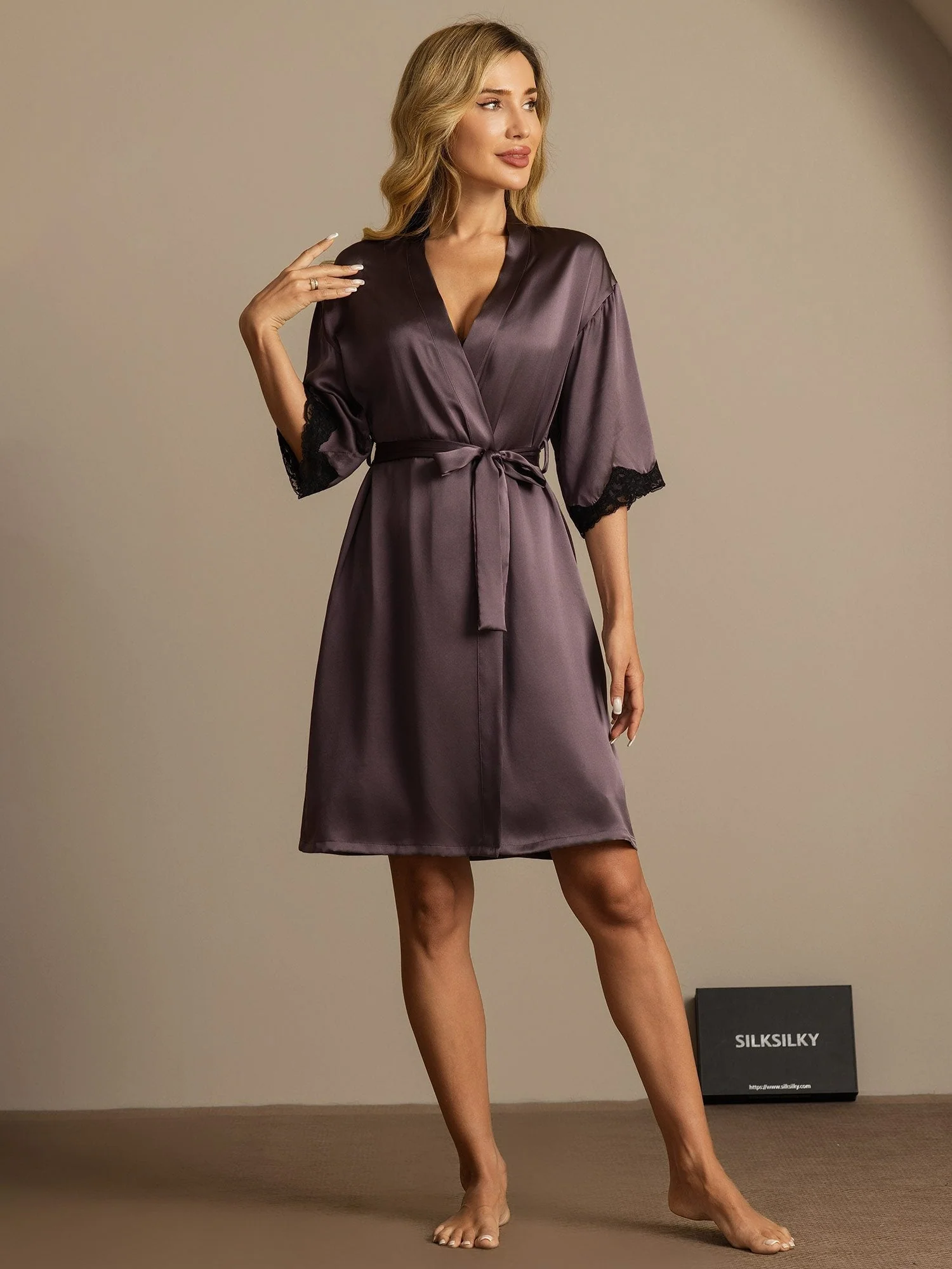 Pure Silk Basic Women's Robe with Lace Design - Image 16