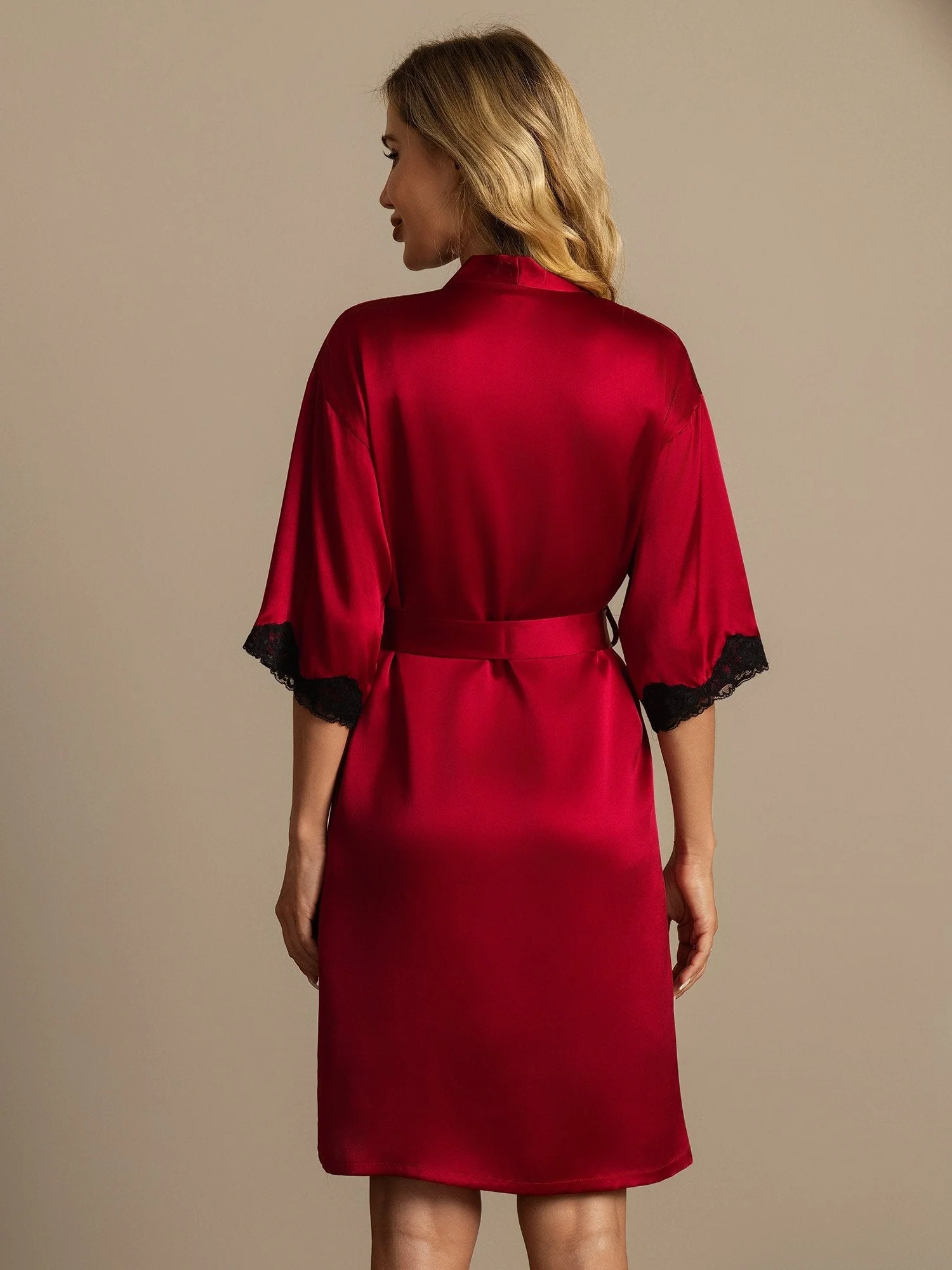 Pure Silk Basic Women's Robe with Lace Design - Image 2