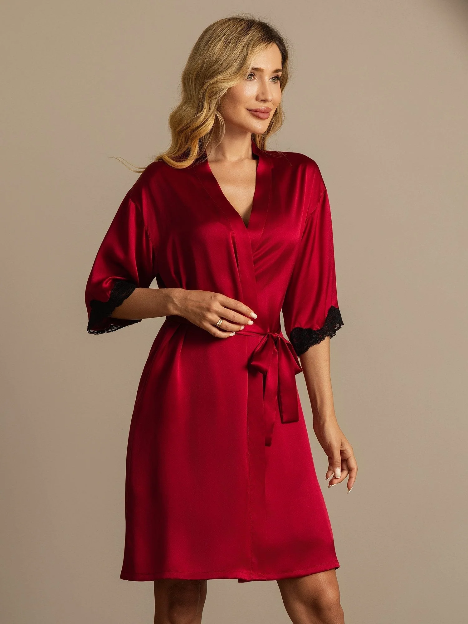 Pure Silk Basic Women's Robe with Lace Design - Image 6